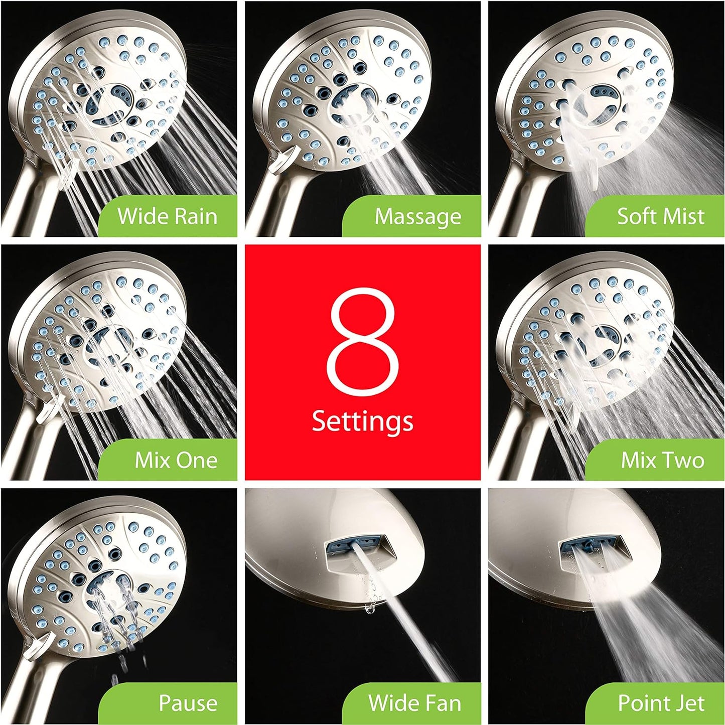 Hotel Spa AquaCare High Pressure 8-mode Handheld Shower Head - Anti-clog Nozzles, Built-in Power Wash to Clean Tub, Tile & Pets, Extra Long 6 ft. Hose, Wall & Overhead Brackets - 1.8 GPM
