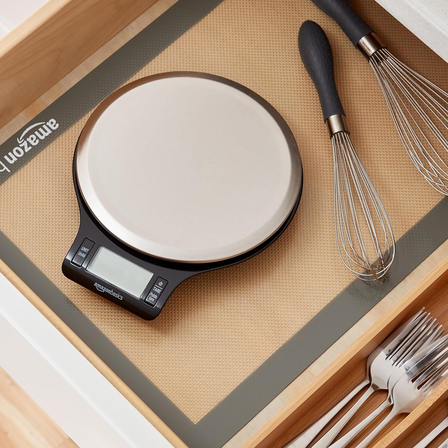Amazon Basics Digital Kitchen Scale with LCD Display, Tare Function, Multiple Units, Weighs up to 11 Pounds, Batteries Included, Black and Stainless Steel