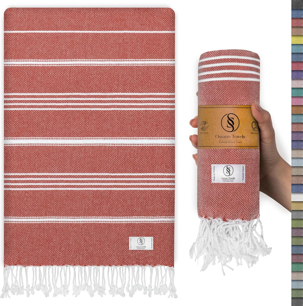 Ossano Turkish Beach Towel Striped & Soft Extra Large (39" x 71") - Quick Dry, Versatile and Functional as Yoga Mat, Gym, Outdoor and Shower Towel, Travel and Picnic Blanket - Red