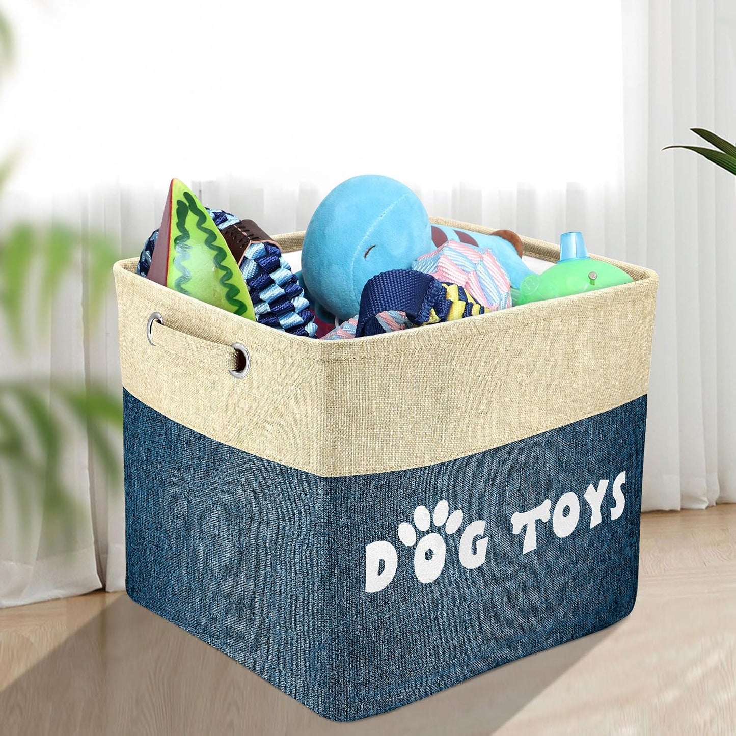 PET ARTIST Dog Toy Basket, Large Collapsible, Navy Blue, L:15"x13"x12" | Dog Toy Bin Box, Comfortable Handles, Large Pet Toy Storage Organizer, For Accessories, Toys, Coat & Clothing, Blanket Leash
