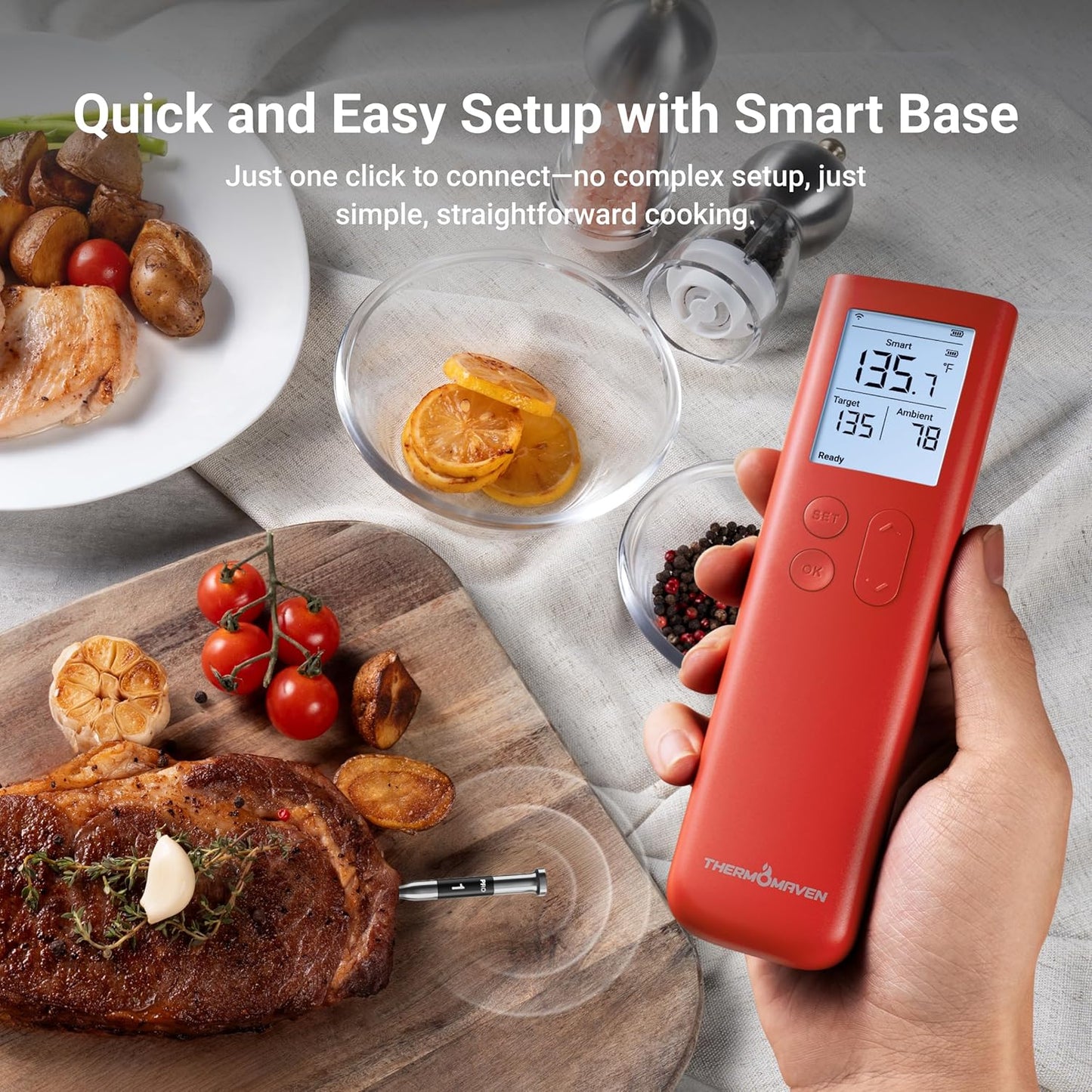 ThermoMaven Smart Bluetooth Wireless Meat Thermometer, 10X Enhanced Sub-1G Signal and Stability, Standalone Display Base, Certified Accuracy ±0.5°F, WiFi Unlimited Range for BBQ, Oven, Smoker, Grill