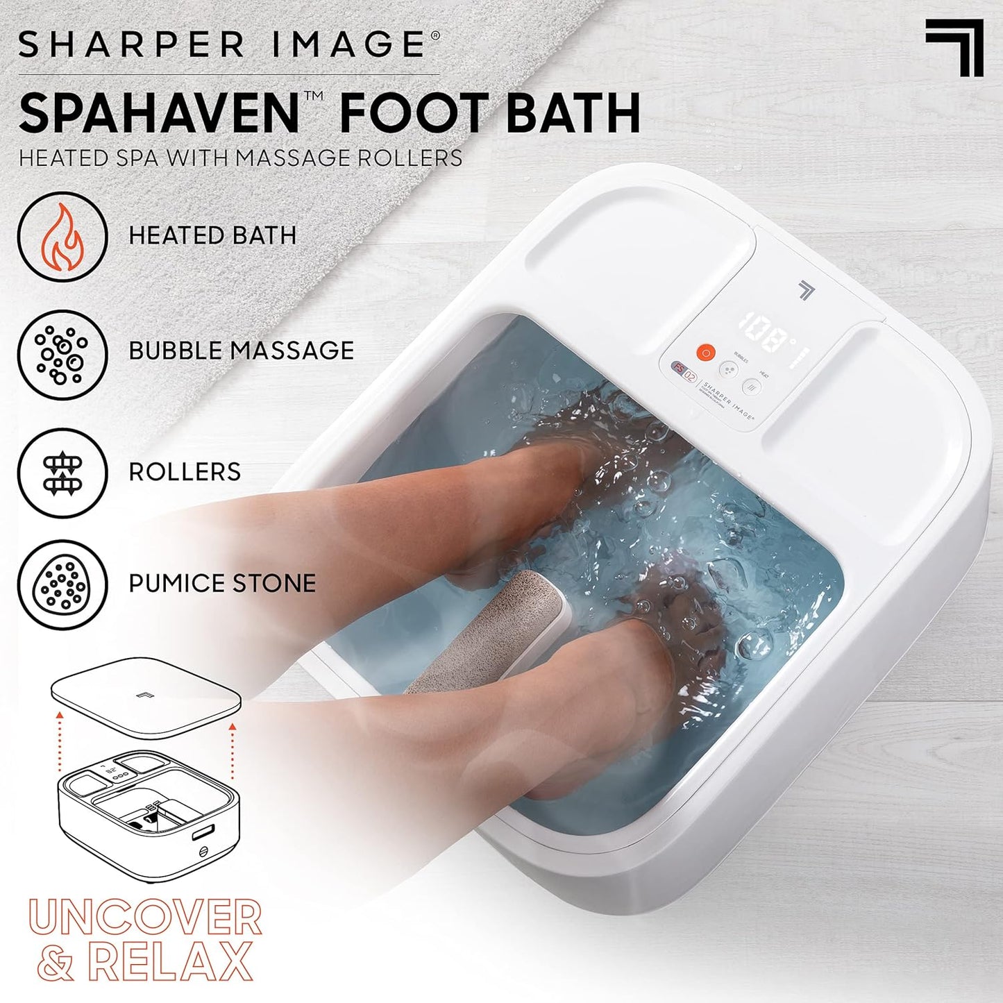 Sharper Image® Spahaven Heated Foot Bath – Bubble Jets, Massage Rollers, 105°F, Pumice Stone Callus Remover| XL Foot Soaking Tub| Feet Scrubber| Home Pedicure Foot Spa| Womens Relief & Relaxation Gift