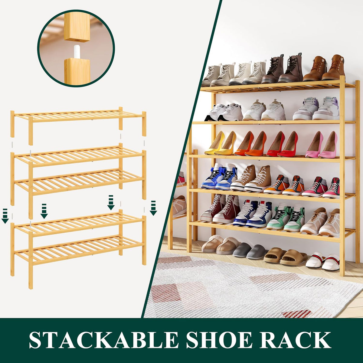 Smiry Bamboo Shoe Rack, 16 Vertical Slats, 2 Tier - 33.7" Wide, Natural