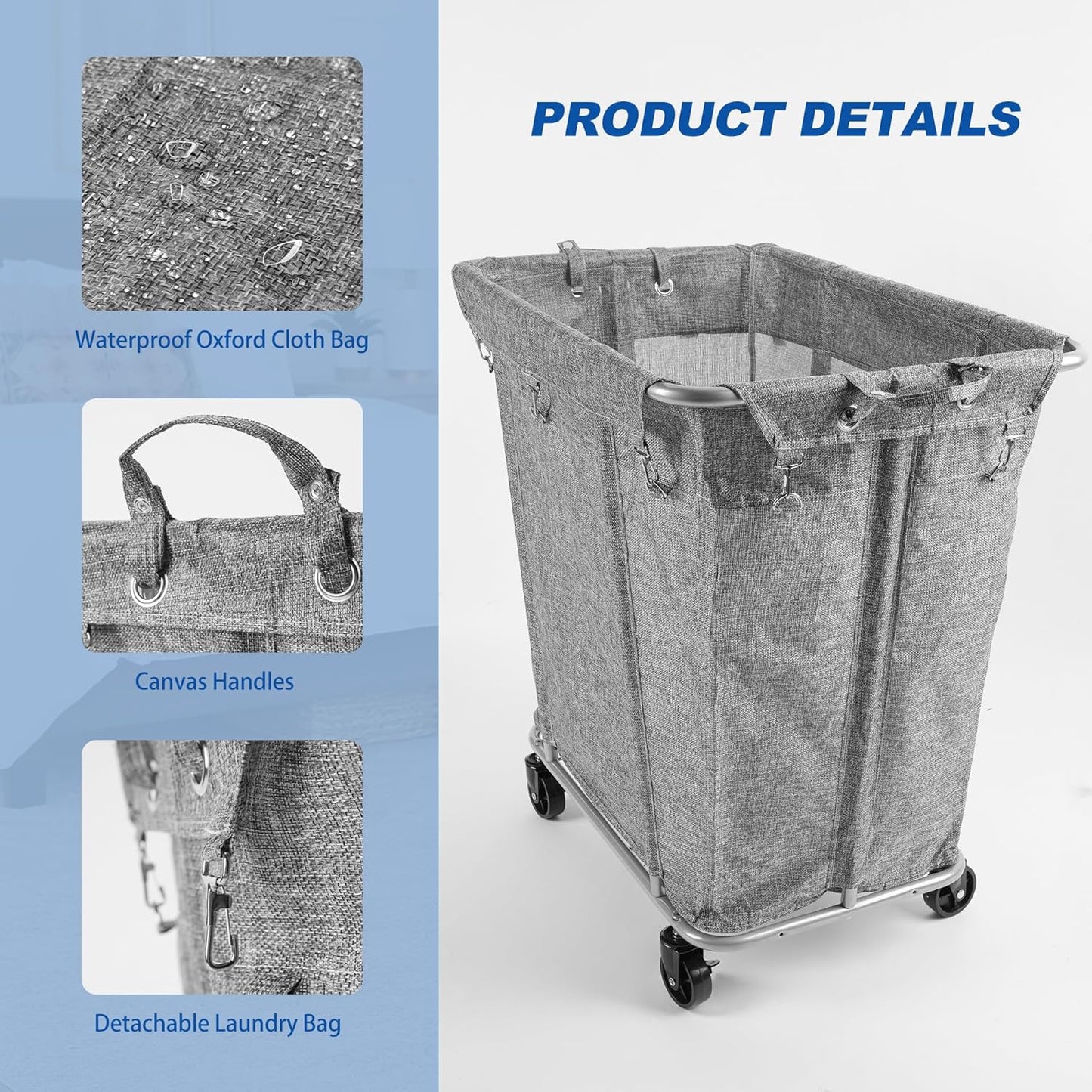 PLKOW Laundry Cart with Wheels 320L Large Rolling Laundry Cart for Commercial/Home, Rolling Laundry Basket with Steel Frame and Waterproof Lining, 9 Bushel, 32.3L x 19.7W x 30.7H Inch, Grey
