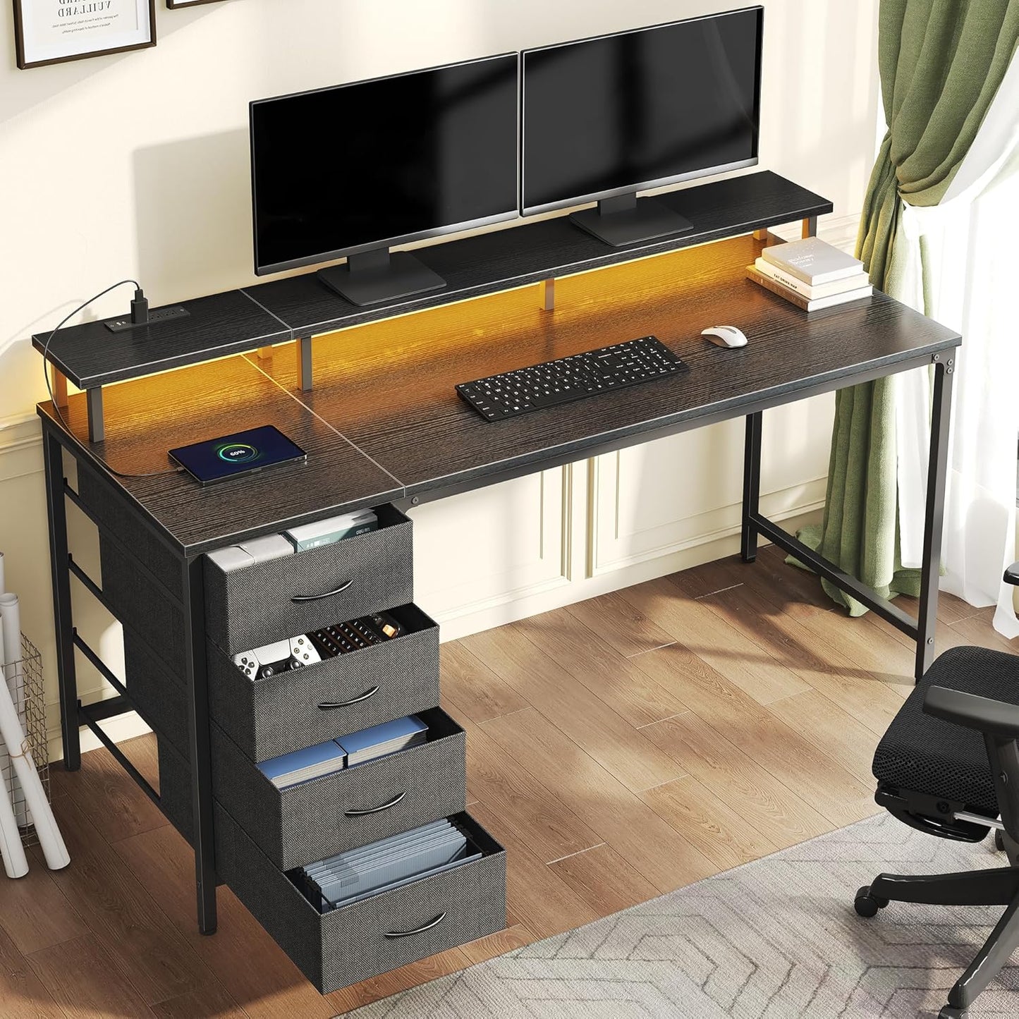 DUMOS 40 Inch Computer Desk with 4 Drawers,4 Drawer Gaming Desk with Power Outlets and LED Lights,Office Desk for Small Spaces with Monitor Shelf,Writing Desk for Home Office, Bedroom,Study,Black