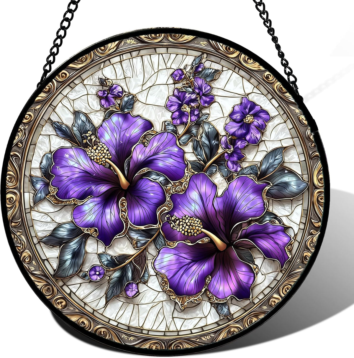 Purple Hibiscus Flowers Stained Glass Window Hanging Suncatcher Gifts 15"