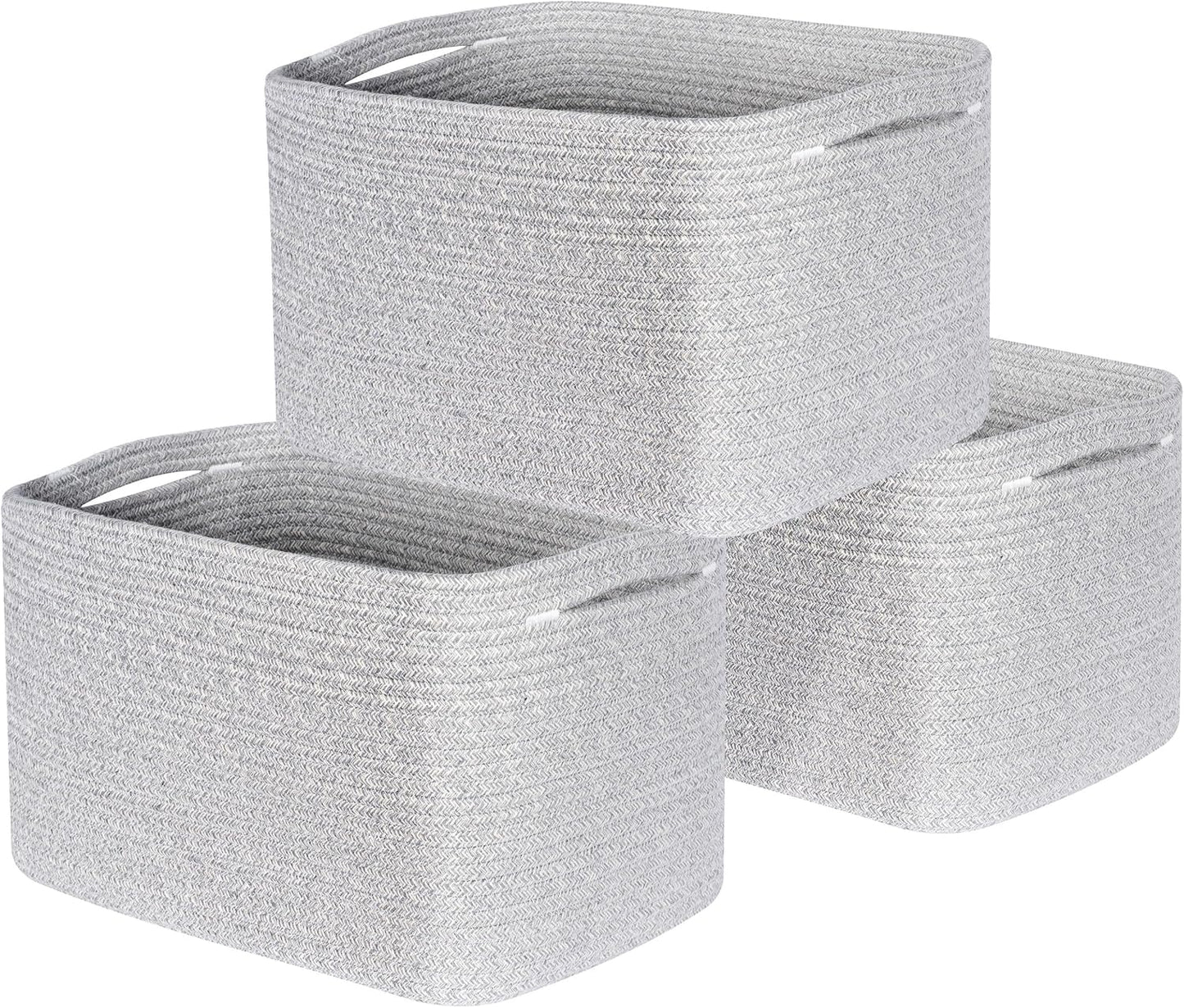 MINTWOOD Design 3-Pack Decorative Woven Storage Baskets for Shelves, Cube Bin Box for Organizing Books, Shoes, Dog Toys, Pantry Closet and Living Room Organizer, Light Gray Mix