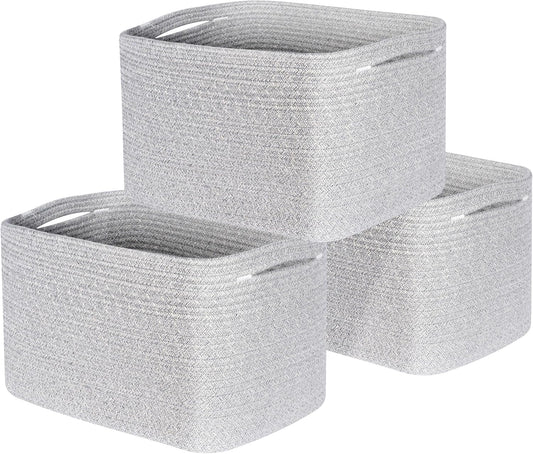 MINTWOOD Design 3-Pack Decorative Woven Storage Baskets for Shelves, Cube Bin Box for Organizing Books, Shoes, Dog Toys, Pantry Closet and Living Room Organizer, Light Gray Mix