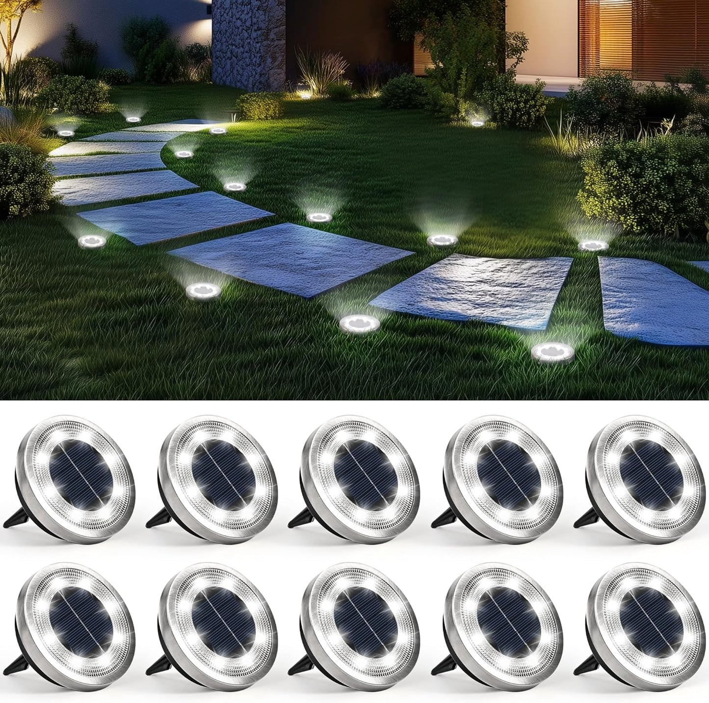 SOLPEX 10 Pack Solar Ground Lights Outdoor Waterproof, Solar Powered Pathway Lights, Landscape Lighting for Garden Walkway Driveway Backyard Decor (Warm White)