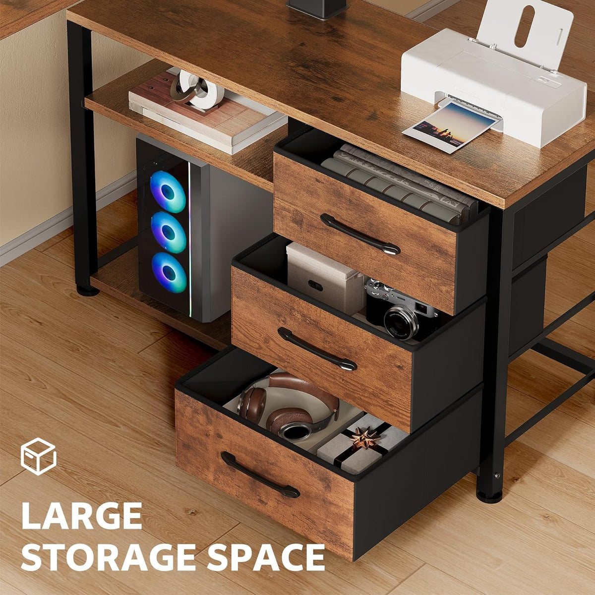 47 Inch L Shaped Desk with 3 Drawers Electric Standing Desks with Storage Computer Table Adjustable Height with Power Outlets 4 Memory Presets for Home Office, Rustic Brown