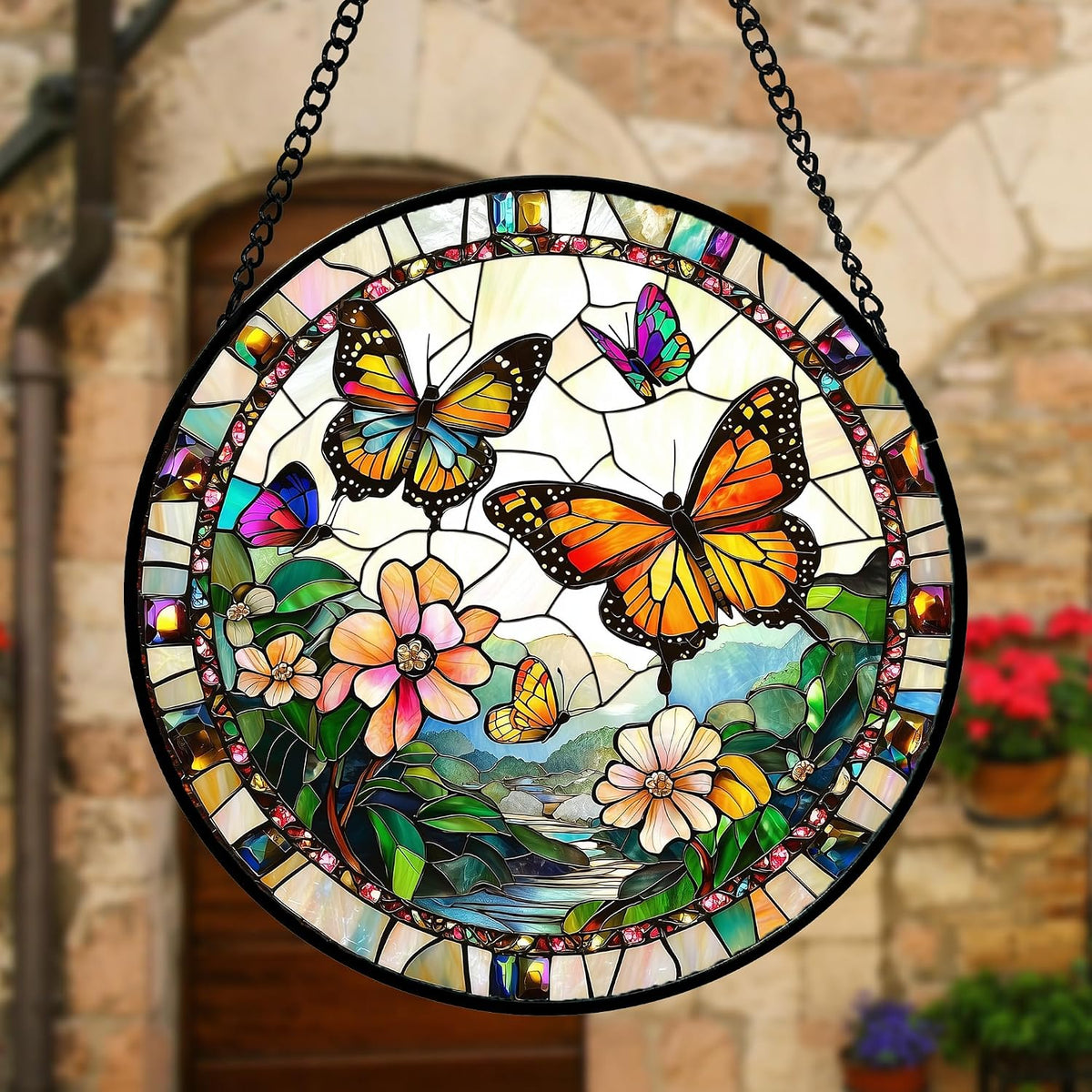 Butterflies and Flowers Stained Glass Window Hanging Suncatcher Gifts 12"