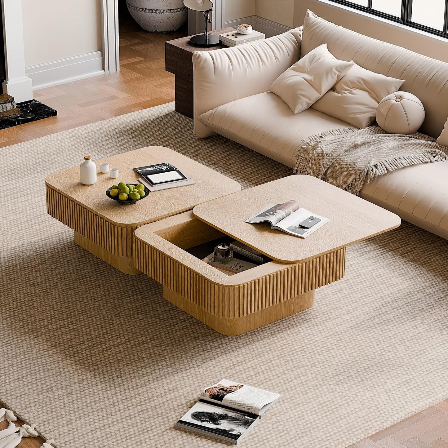 31.5" Square Coffee Table with Hidden Storage Compartment, Modern Handcraft Fluted Drum Coffee Table,Wooden Square Center Table Cocktail Tea Table with Sturdy Pedestal for Living Room,Natural