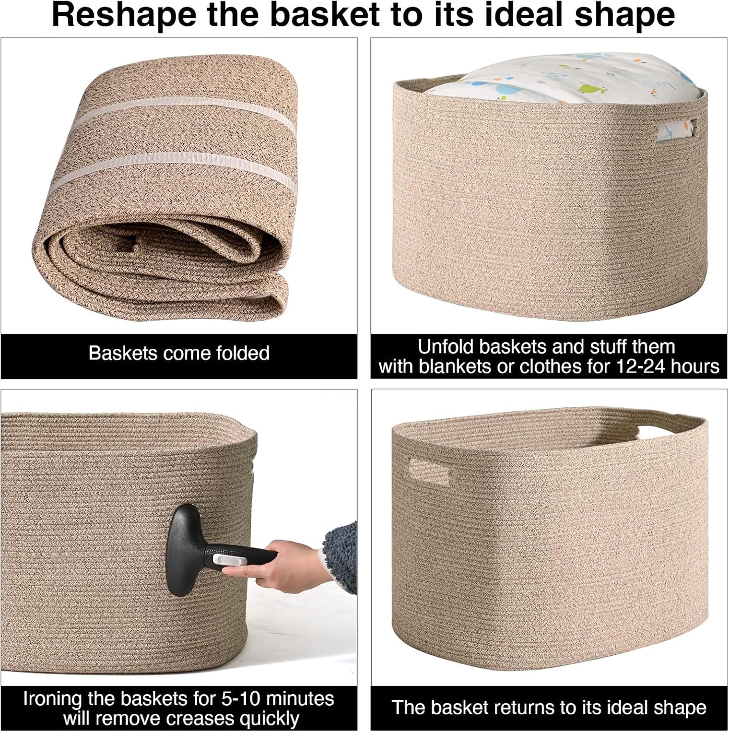 ICERZCZ Large Storage Basket for Organizing, Blanket Basket for Living Room, Large Toy Baskets for Storage, Woven Cotton Rope Baskets for Blankets, Clothes, Shoes, Brown, 25”x16”x16” (105L)