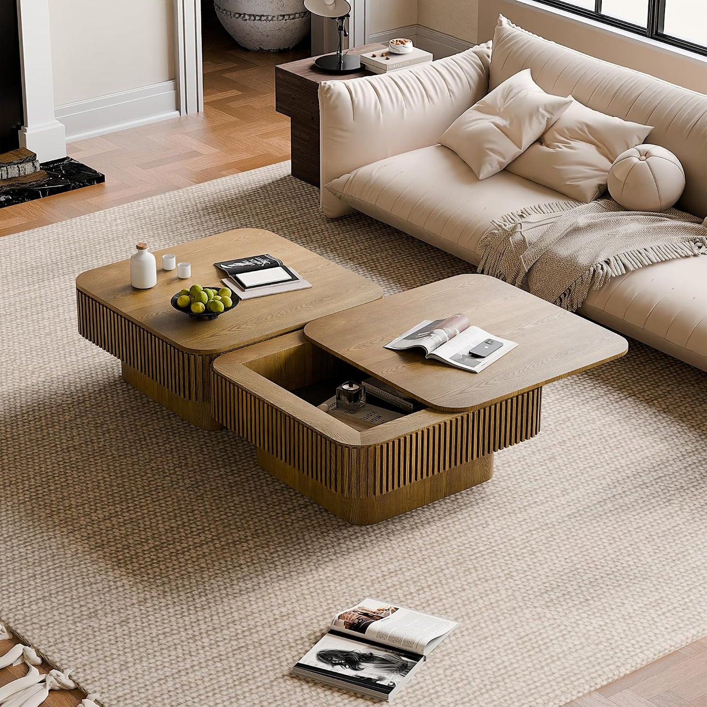 31.5" Square Coffee Table with Hidden Storage Compartment, Modern Handcraft Fluted Drum Coffee Table, Wooden Square Center Table Cocktail Tea Table with Sturdy Pedestal for Living Room, Brwon