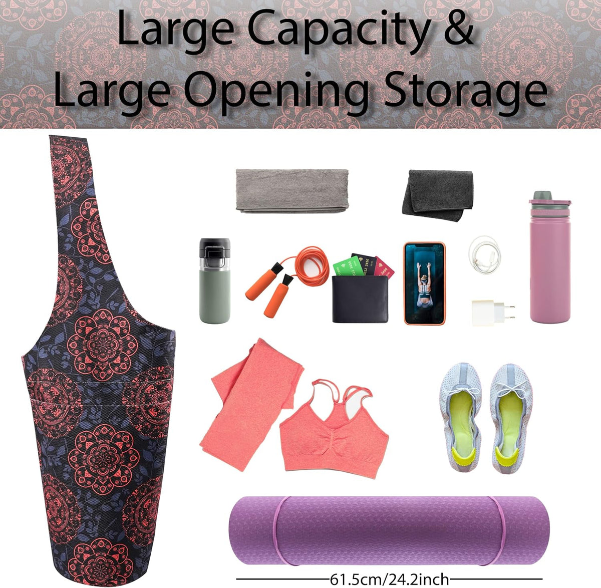 Yoga Mat Bag Yoga Tote Bag with Large Pocket and Zipper Pocket Yoga Mat Bag Carrier Fit Most Size Mats and All You Stuff