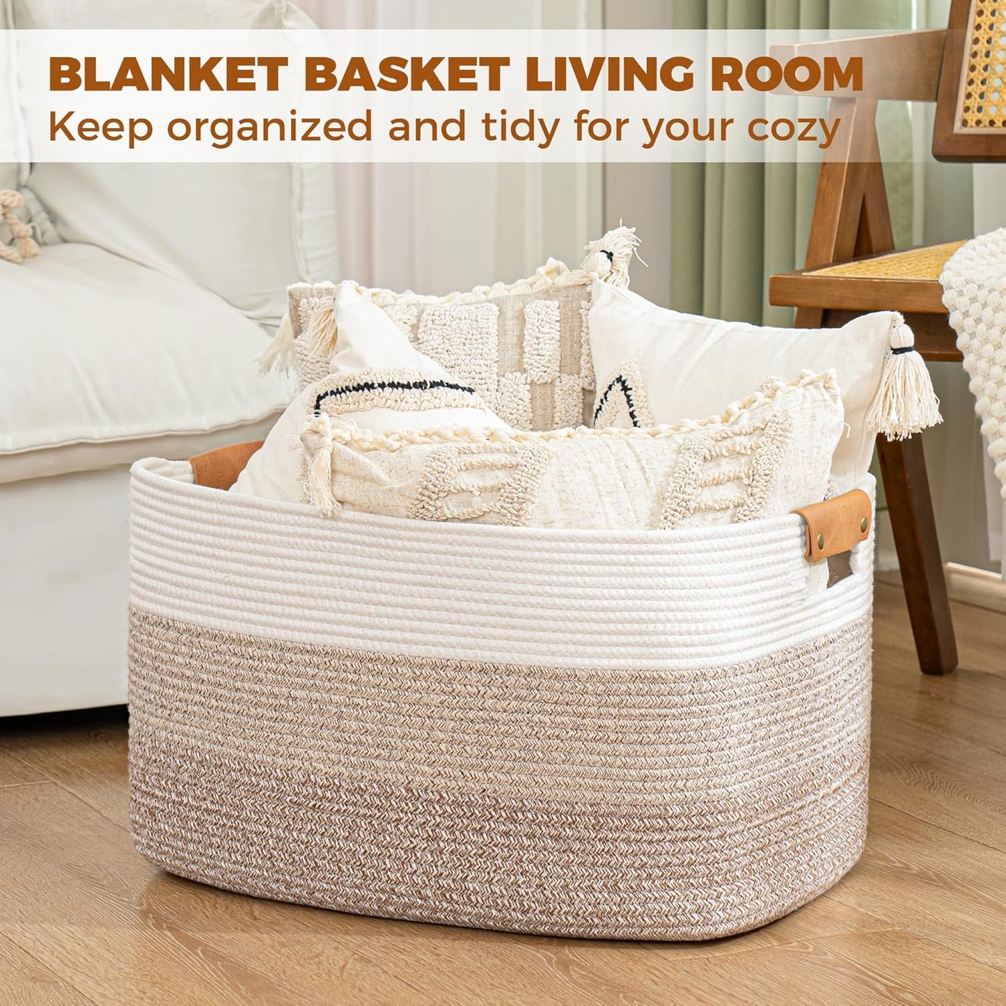 danpinera Blanket Basket, 72L Woven Storage basket with Leather Handle, Eco-friendly Decorative Storage Organization in Bathroom & Living Room for Towels 22 ''*17 ''*11.8 '', Gradient Brown
