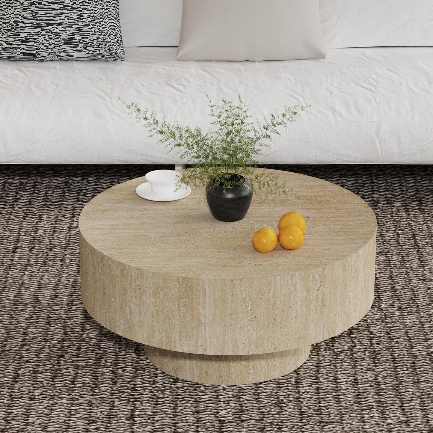 Round Fluted Coffee Table (Circle Travertine 29.9in) | Round Drum Coffee Table for Living Room Modern Circular Pedestal Center Table