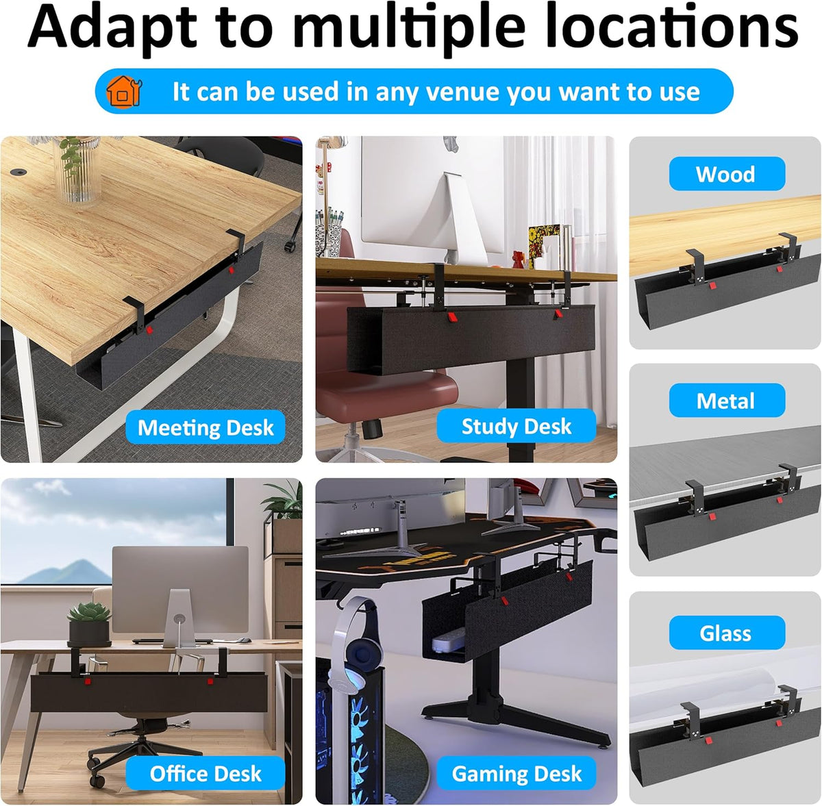 Under Desk Cable Management Tray - Under Desk Cord Management - Clamp/Screw Mount - Fabric Wire Management - Cable Raceways Tray Cord Hiders for Office/Home (Black, 35.8"×5.6")