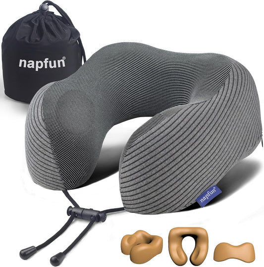 napfun Neck Pillow for Traveling, Upgraded Travel Neck Pillow for Airplane 100% Pure Memory Foam Travel Pillow for Flight Headrest Sleep, Portable Plane Accessories, Dark Gray