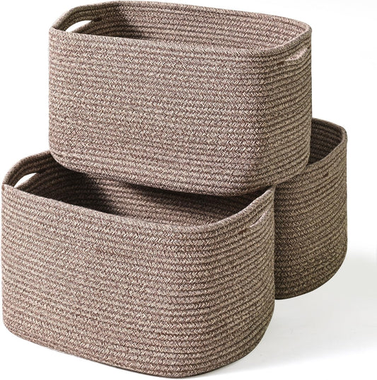 ICERZCZ Storage Baskets for Organizing Shelves, Woven Cotton Rope Bins for Baby Nursery Organization, Book Toy Towel Organizer, 15"x11"x9.5", 3 Packs, Dark Brown