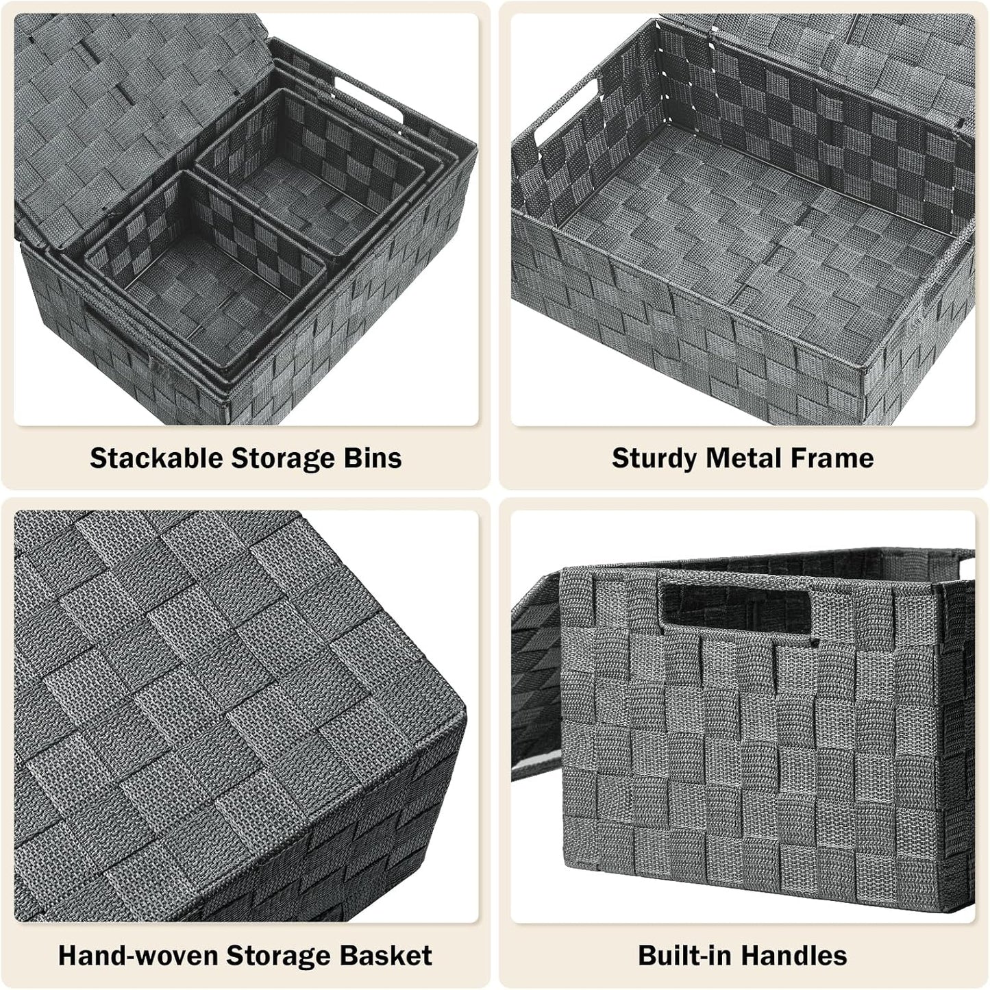 Storage Baskets with Lids: 5 Pack Stackable Woven Storage Bins, Grey