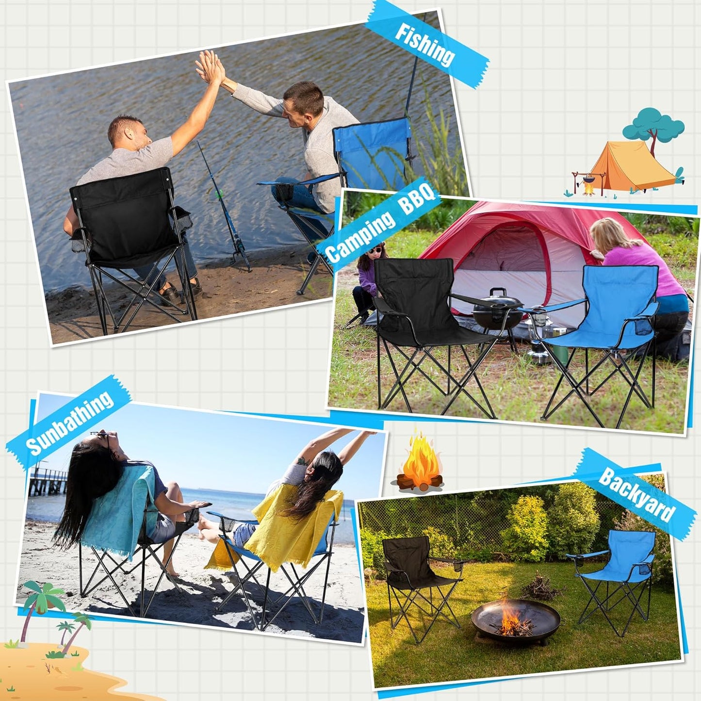 Foldable Camping Chair Set of 2, HaSteeL Folding Camp Chairs & Carrying Bags for Adults, Portable for Lawn, Outdoors, Fishing, Hiking, Travel, Picnic, Beach, Oversized & Supports 275lbs (Black & Blue)