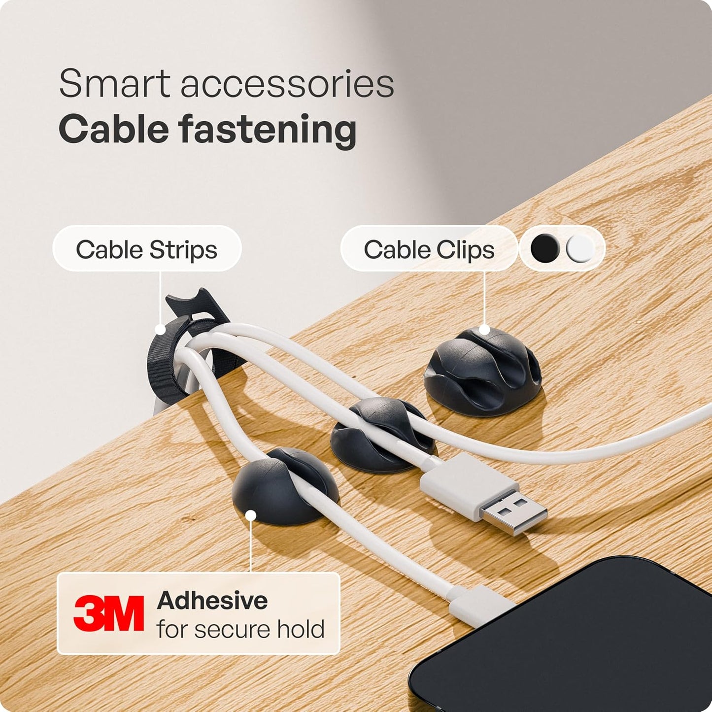 PAMO Cable Management Under Desk, Set of 3 - Black | Easy under-table mounting keeps cables organized, includes 10 cable ties for a clean and tidy office or home workspace.