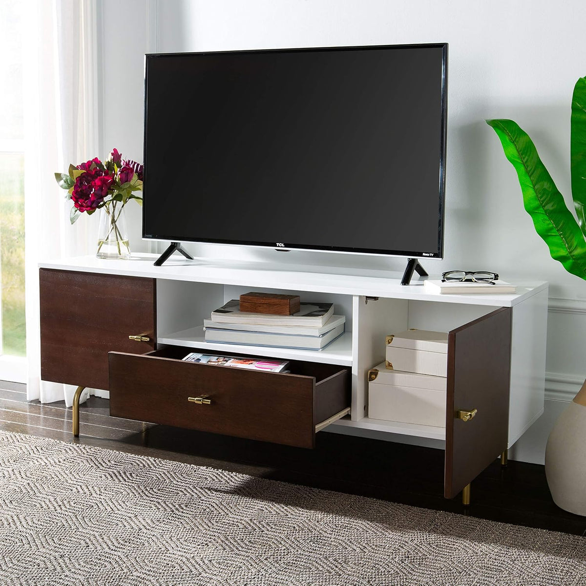 SAFAVIEH Genevieve TV Stand for up to 65" Flatscreen – Walnut & White, Mid-Century Modern Storage Cabinet, Entertainment Media Console (MED5000A)