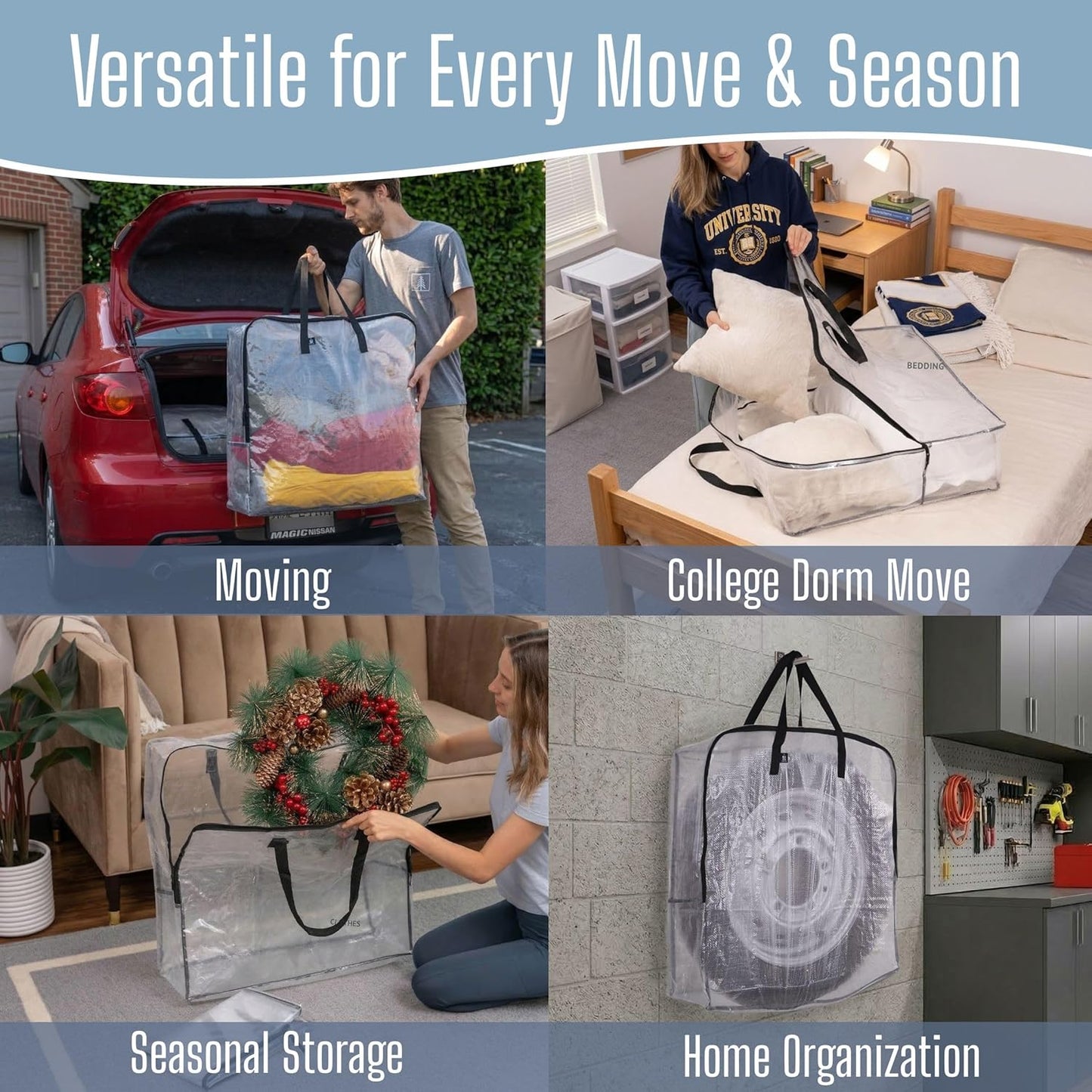 VENO 5 Pack Clear Moving Bags, Fits 30" Wreath & Storage Totes, Heavy Duty Packing Bags with Handles for Clothes & Bedding