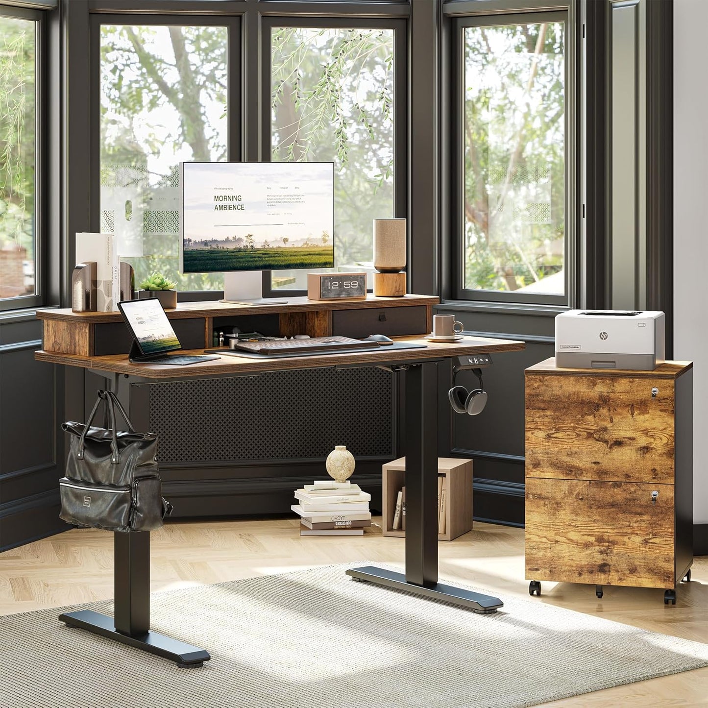 TIQLAB Standing Desk with Two Drawers, Stand Up Standing Desk Adjustable Height, Electric Sit Stand Table with Storage Shelf and Splice Board, 48 * 24 inch, Rustic Brown