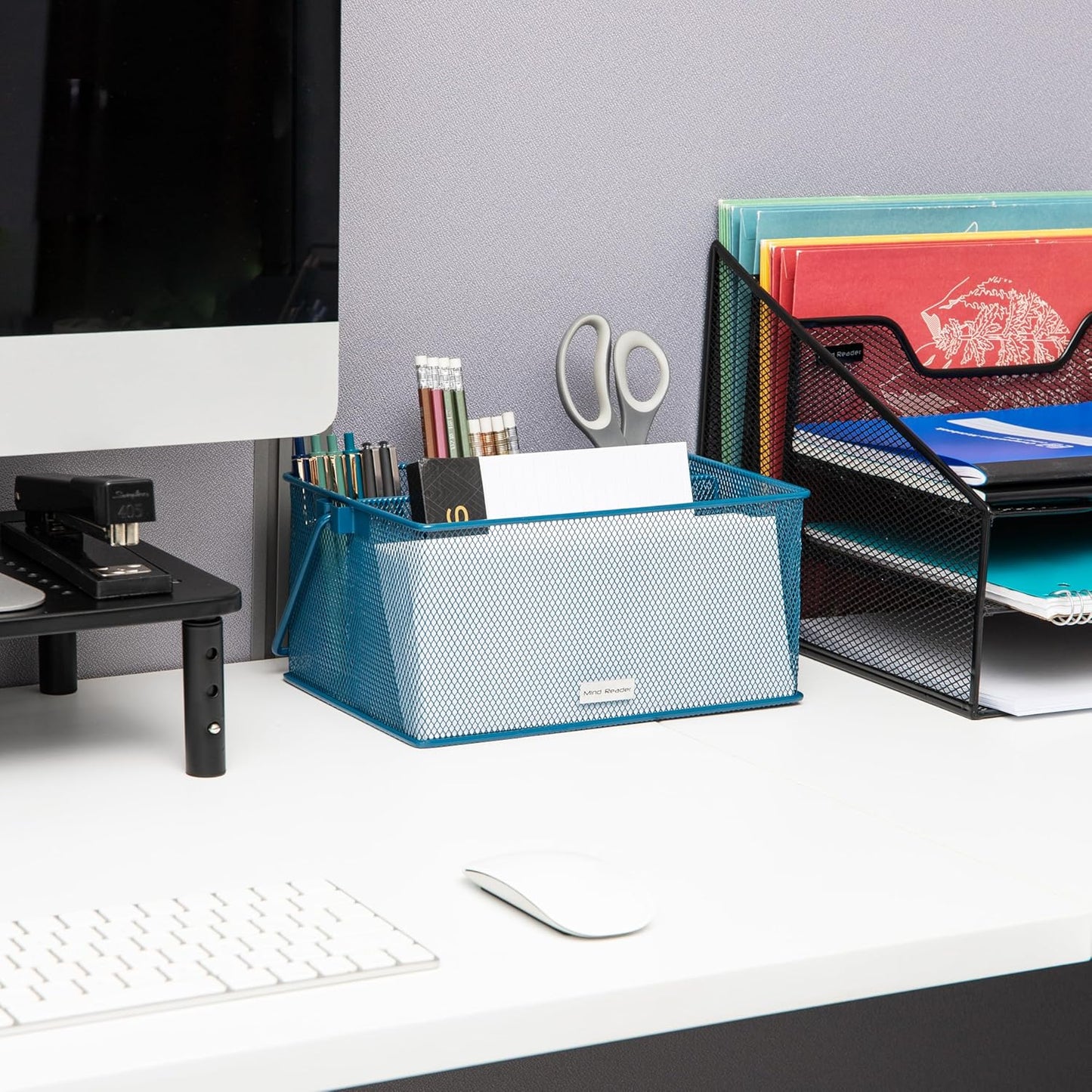 Mind Reader Multi-purpose Storage Caddy with Handle, Desktop Organizer, Cutlery Holder, 4 Compartments, Metal Mesh, Turquoise