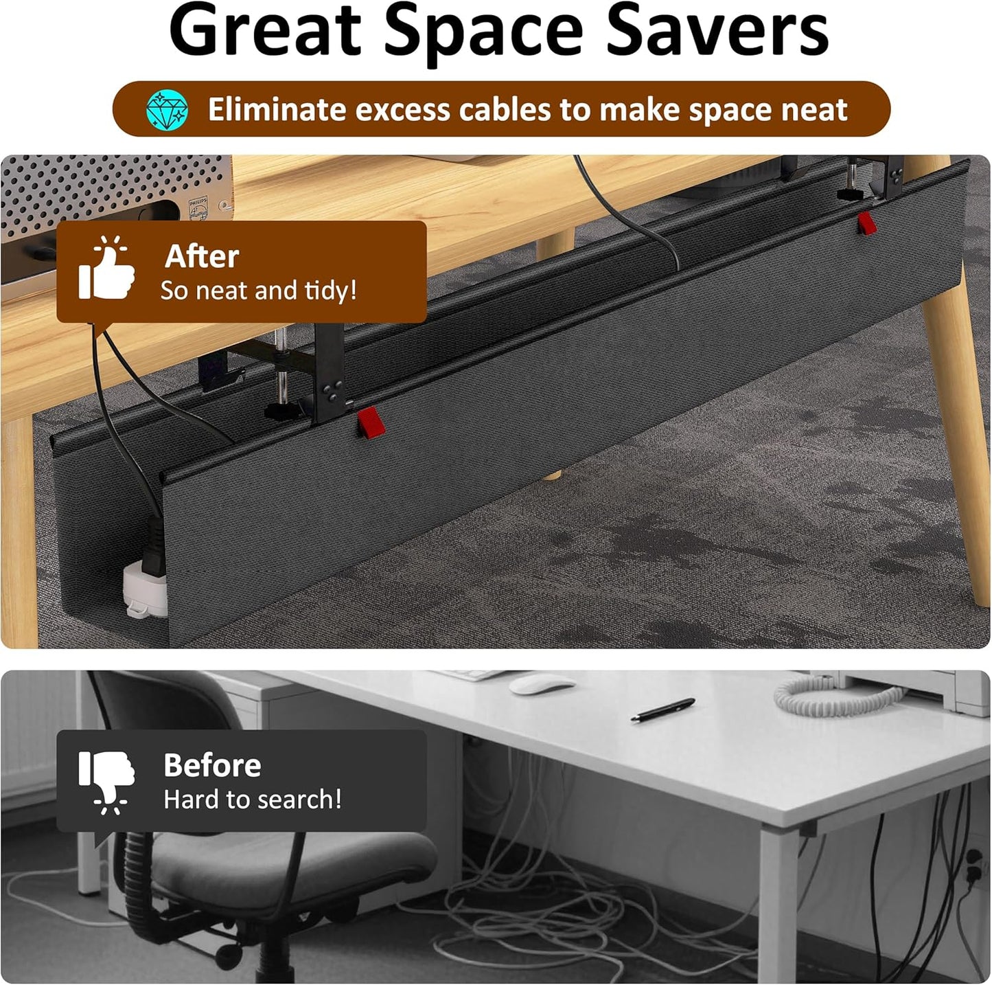 48" Gaming Under Desk Cable Management Tray, Black No Drill Cord Organizer for PC Setup, Large Anti-Sag Wire Hider, Stealth Cable Management Net for Battlestation (Black, 47.8")