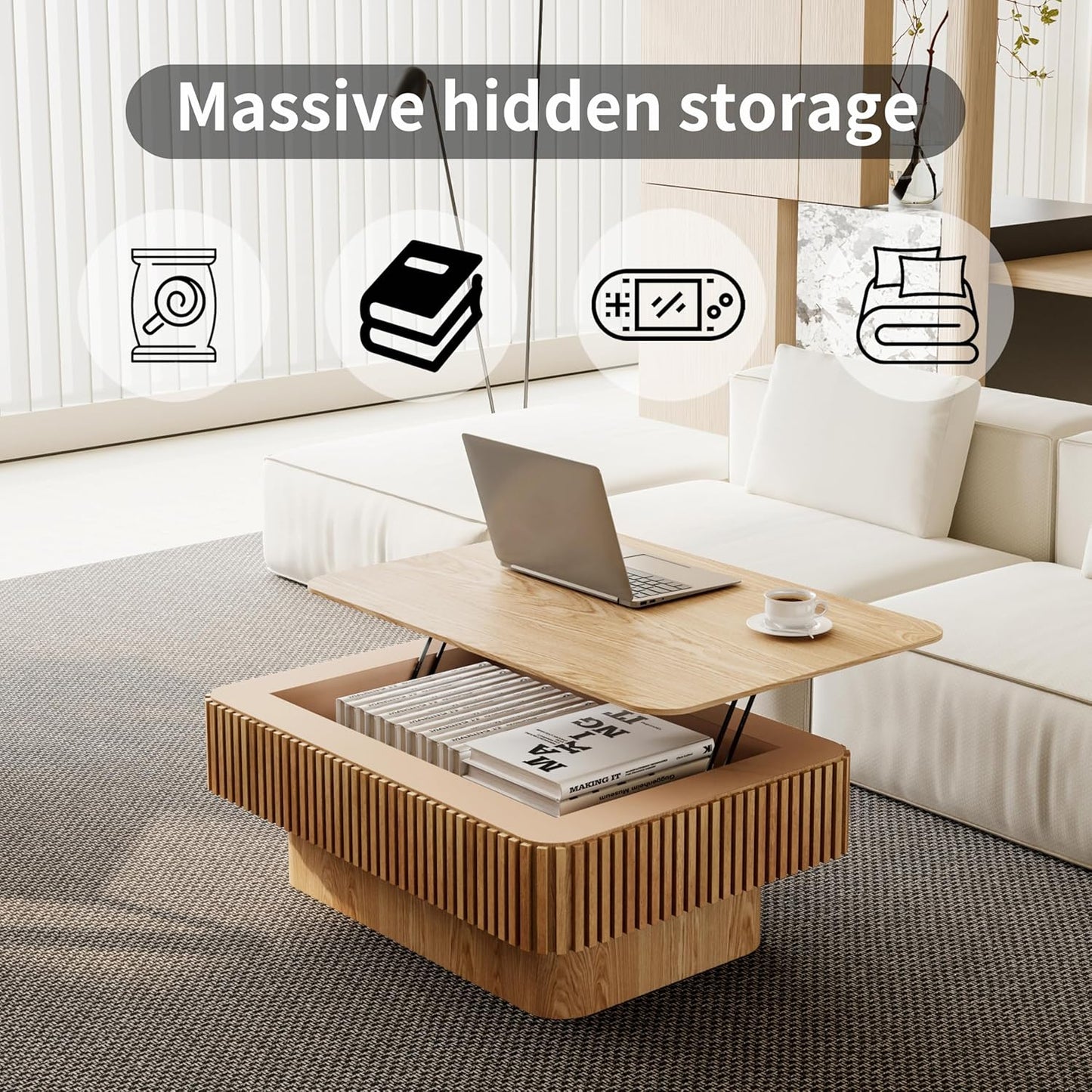 38.6'' Lift Top Coffee Table with Hidden Compartment, Modern Rectangular Fluted Wooden Center Table Cocktail Tea Table with Storage and Adjustable Height for Living Room Apartment,Natural