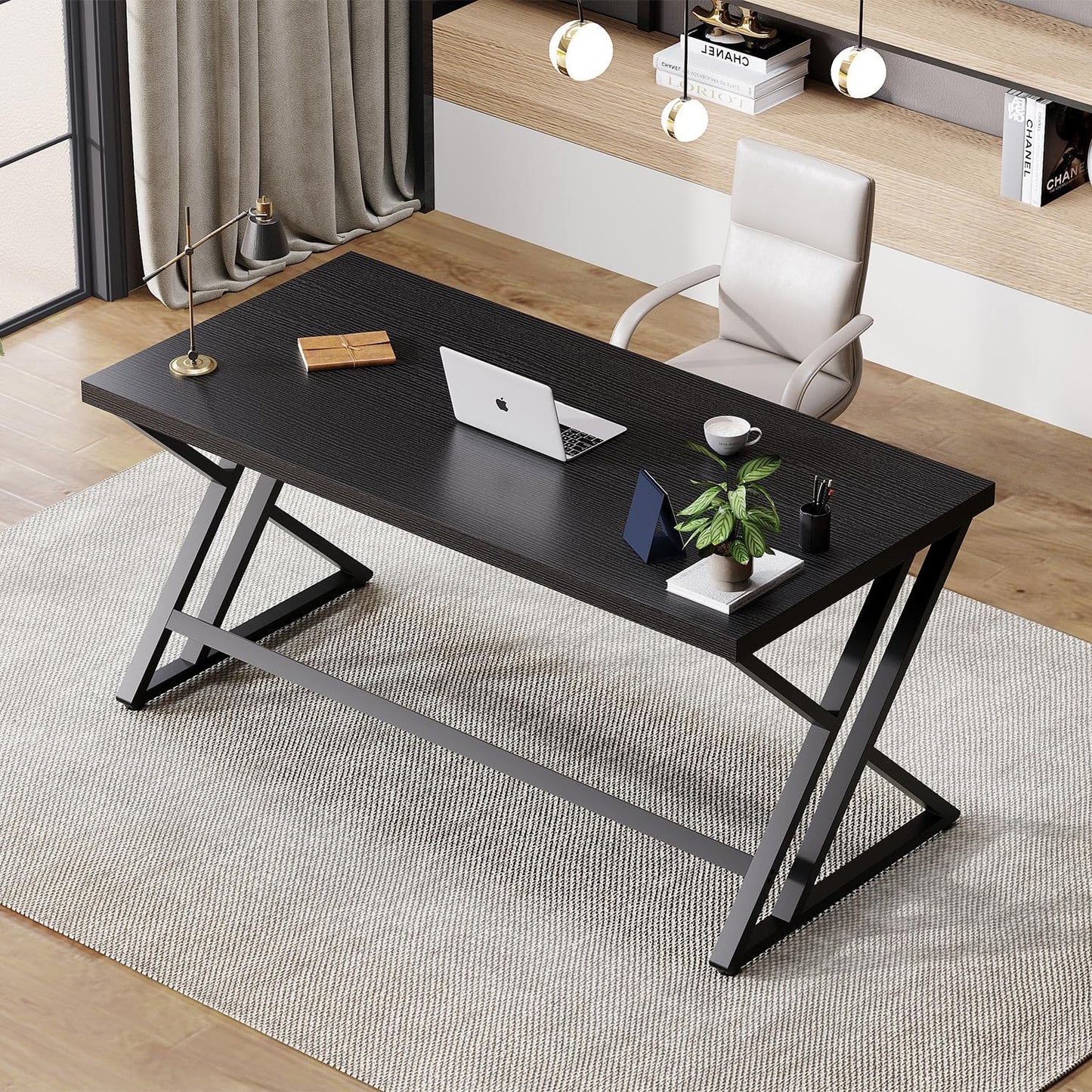 LVB Black Office Desk, Modern Writing Computer Desk for Home Office, Industrial Metal Wood Study Work PC Gaming Computer Table for Bedroom, Executive Student Workstation Desk, 47 Inch, Black Oak