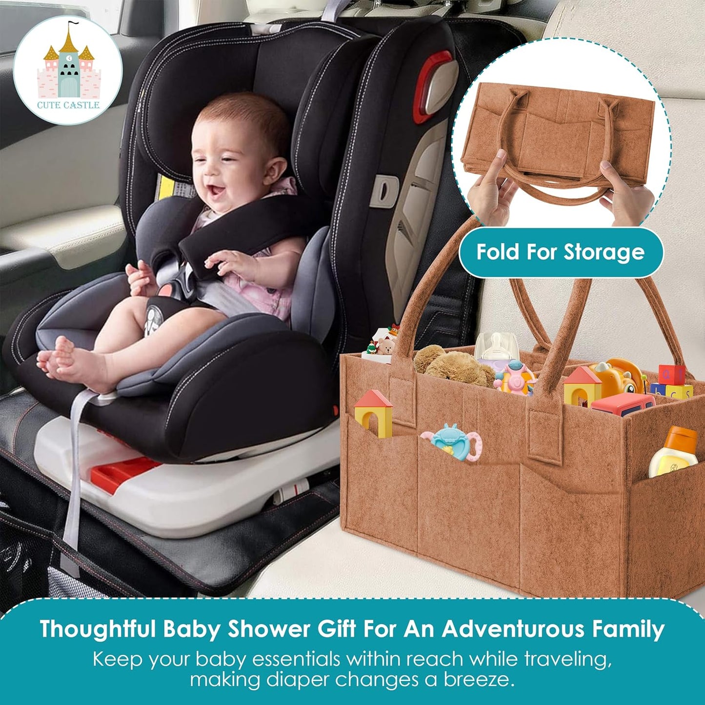 Cute Castle 2 Pack Diaper Caddy Organizer - Portable Baby Caddy Organizer with Handle, Nursery Storage Bin and Car Organizer for Girls, Boys - Baby Gift Basket - Caramel