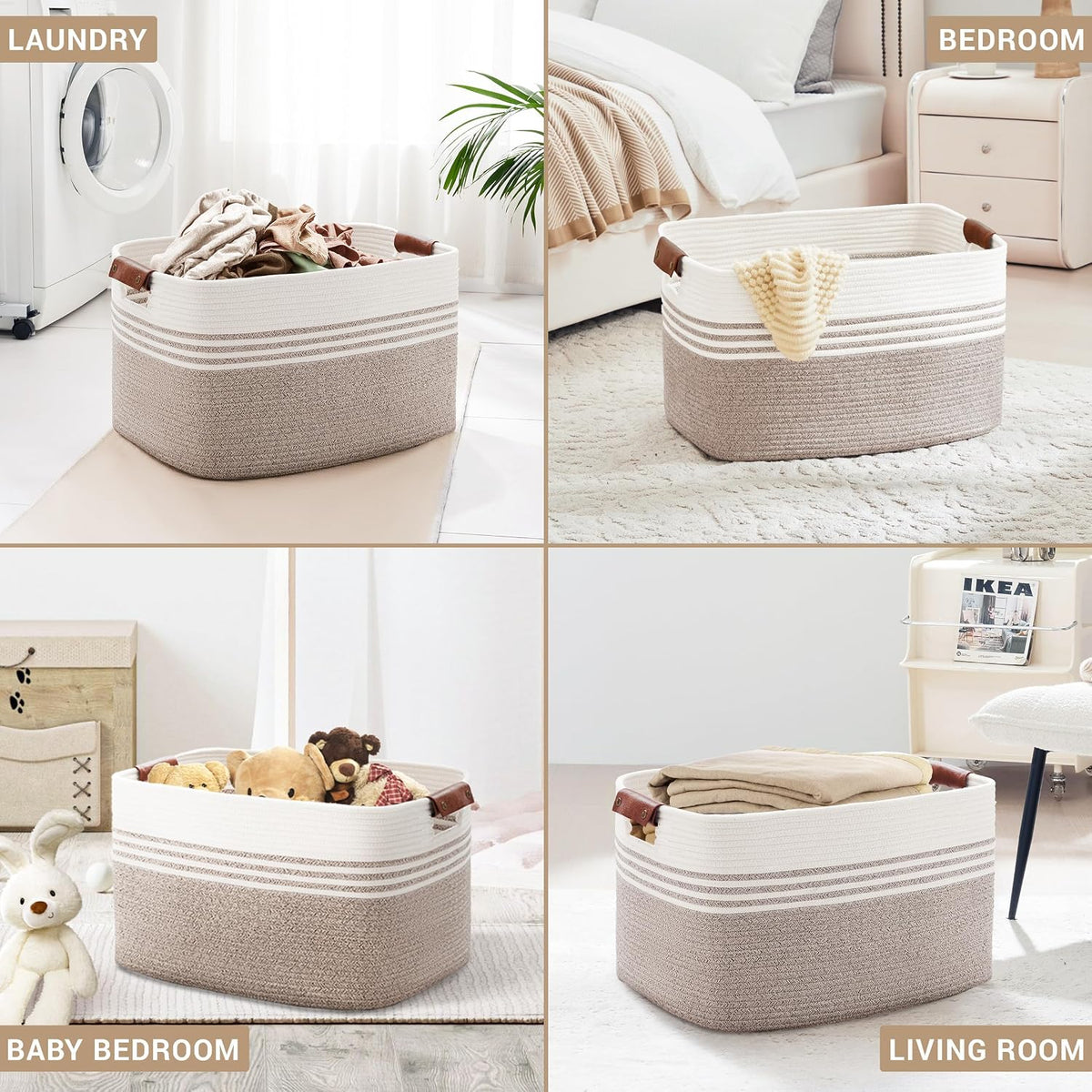 86L Large Woven Laundry Basket Hamper with Leather Handles,Brown