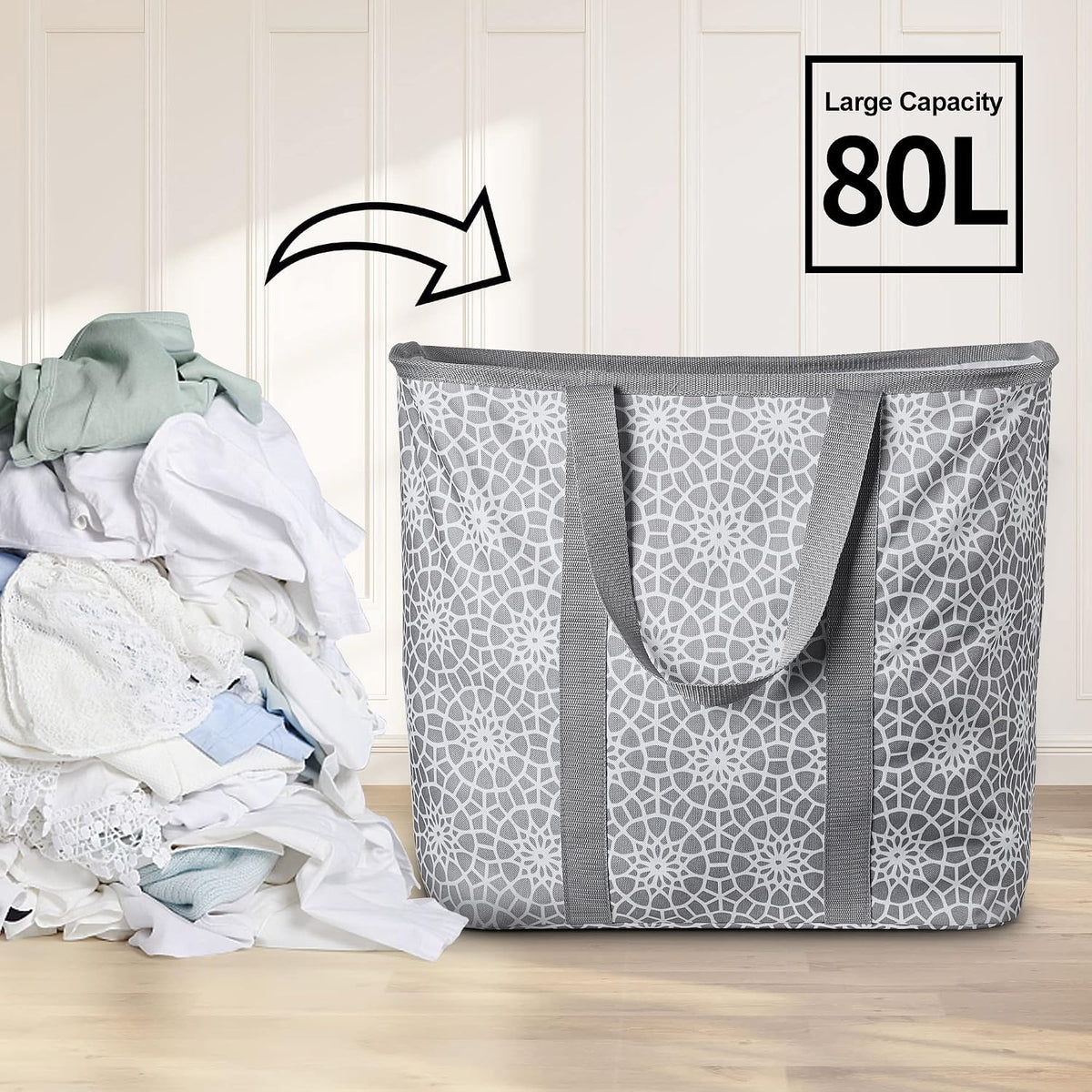 JOMOLA Collapsible Laundry Caddy 80L Large Foldable Laundry Basket Grey Collapsible Laundry Hamper Fabric Laundry Tote with Handles and Sturdy Pop-Up Wire Frame