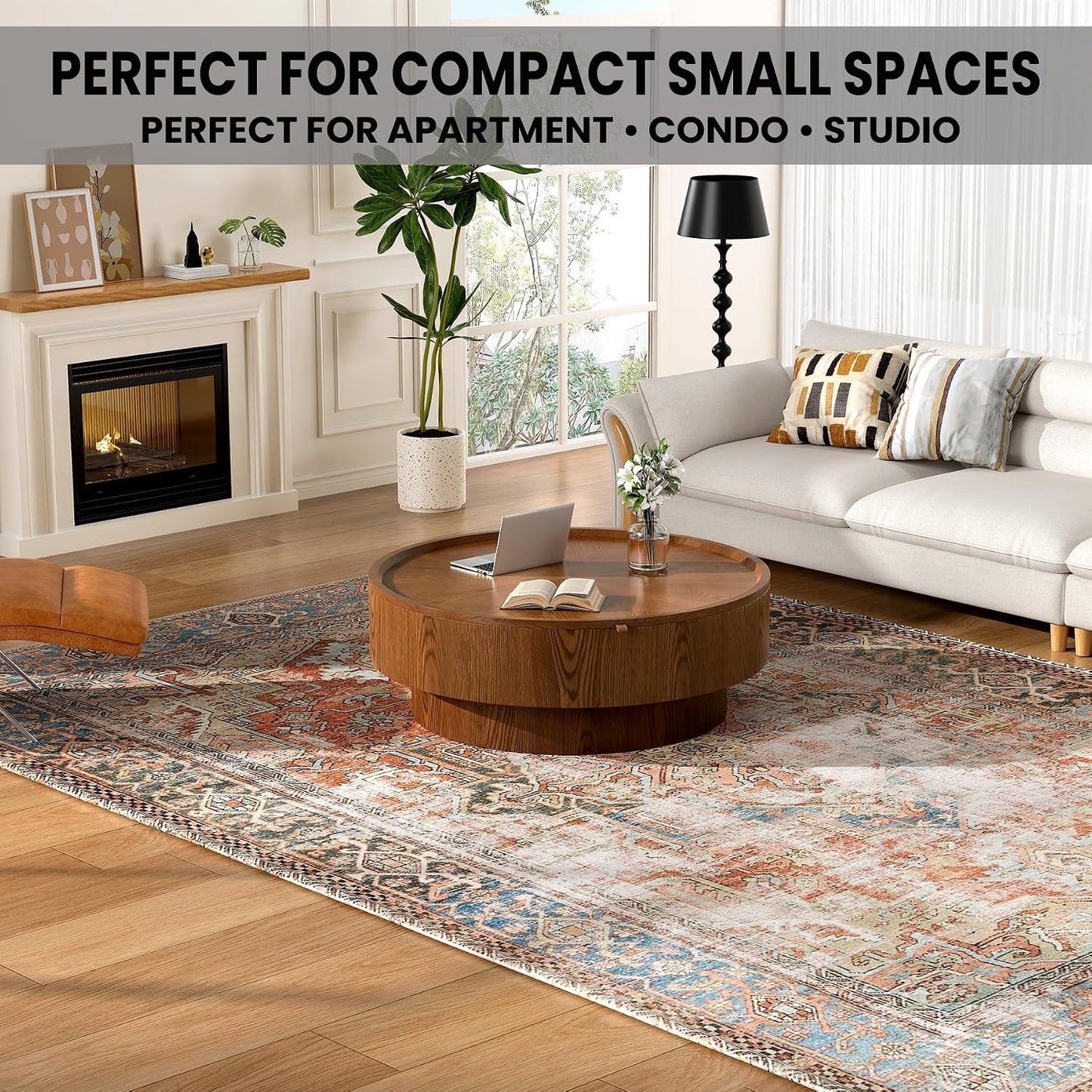 30.7" Round Coffee Table with Storage, Drum Center Table for Small Spaces | Large Hidden Storage Compartment With Removable Lid Keeps Living Room Organized