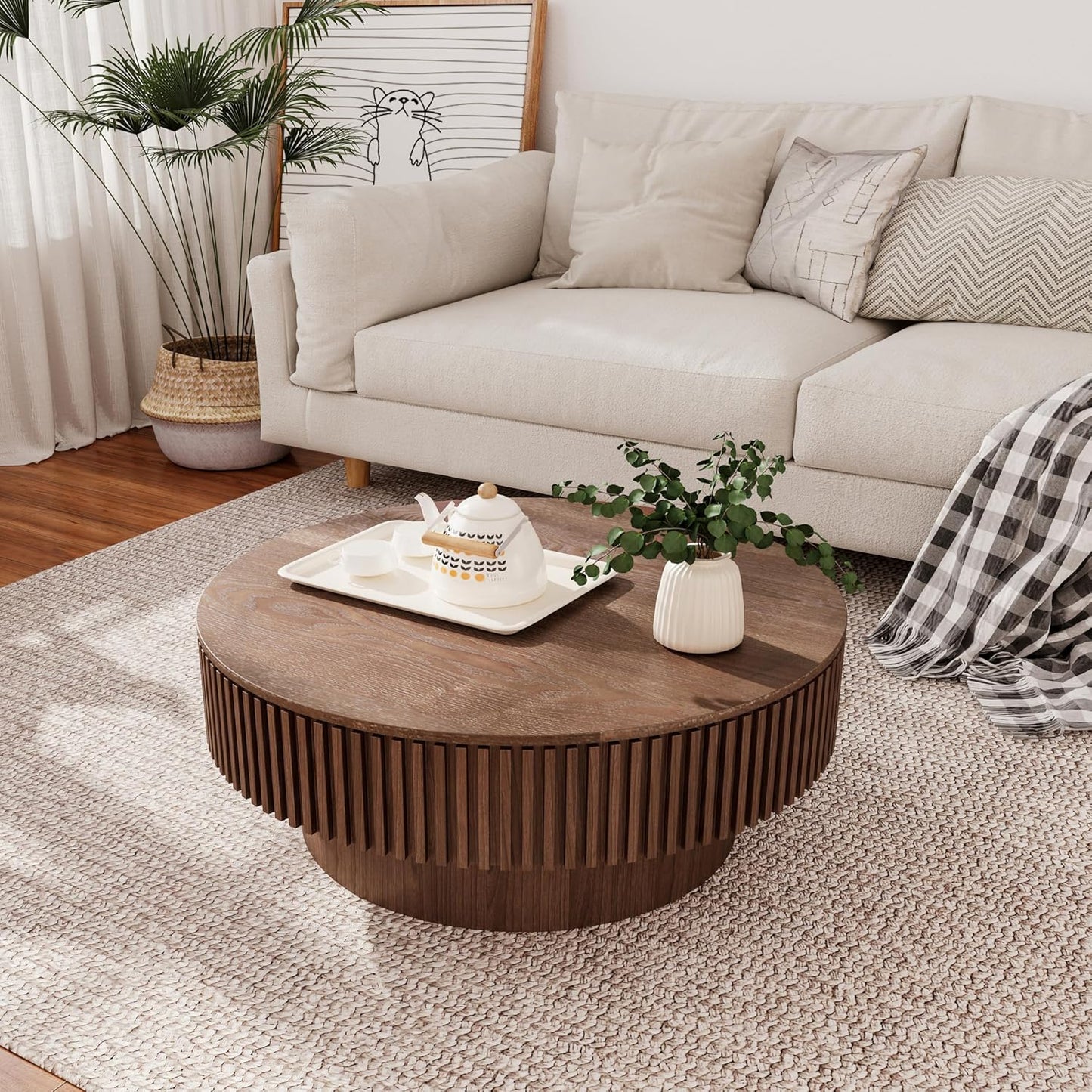 31.5" Round Coffee Table with Hidden Storage Compartment, Modern Handcraft Fluted Drum Coffee Table, Wooden Circle Center Table Cocktail Tea Table with Sturdy Pedestal for Living Room, Walnut