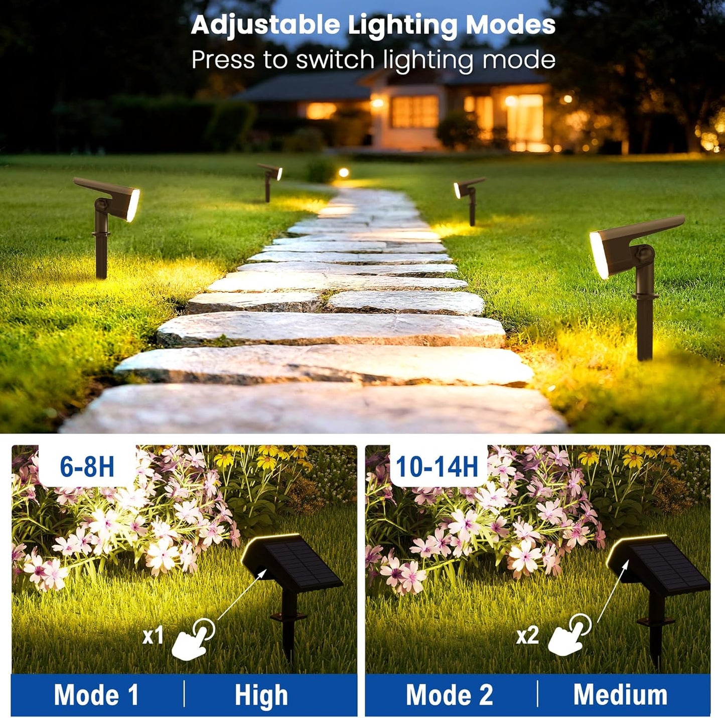 JEJOT Solar Lights Outdoor Waterproof IP65, Super Bright LED, 3000K 2 Lighting Modes, Solar Powered Yard Garden Solar Spot Lights for Outside Landscape Auto On/Off -4 Pack