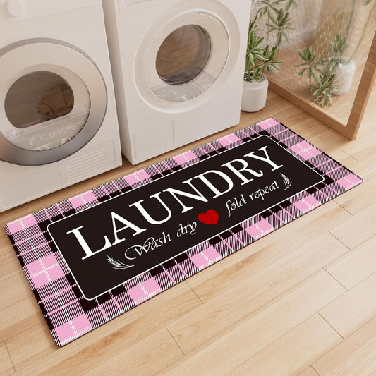 XLHOMO Laundry Room Rugs and Mats, 17"x47" Buffalo Plaid Pink Laundry Room Rug Runner Washable Non Slip, Farmhouse Laundry Mats for Floor, Mudroom, Kitchen, Washroom, Bathroom, Entryway Carpet Decor