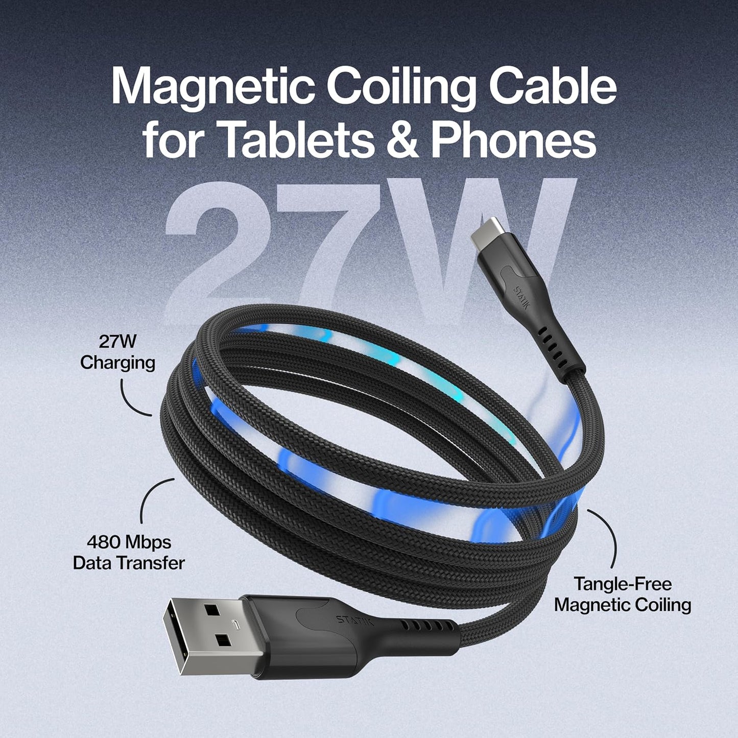 Statik MagStack USB to USB C Cable, A to Type C Charger Fast Charging Phone Charger Cord, On The Go Magnetic Charging Cable for Car, Compatible with iPhone, iPad & Android, 27W 3FT