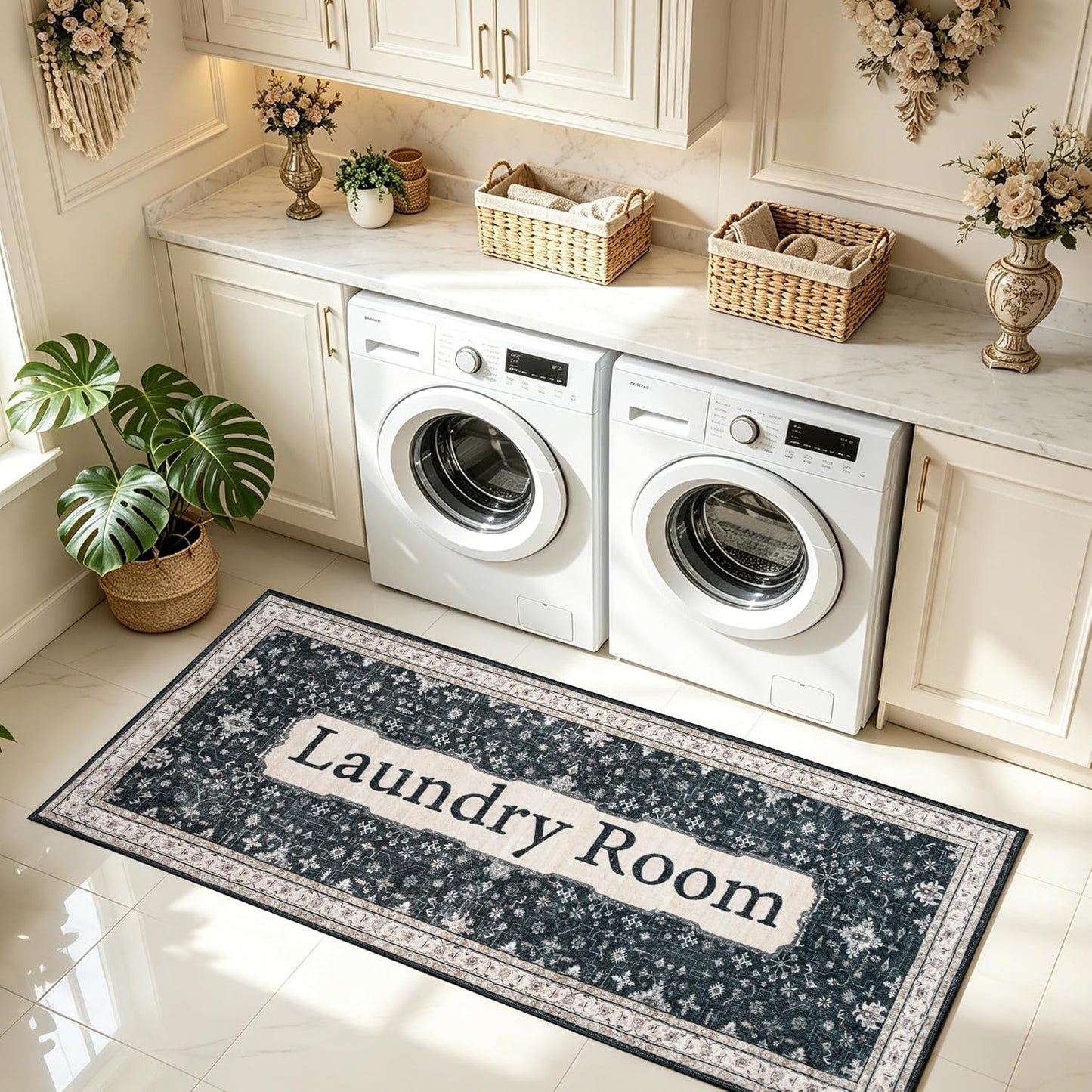 Laundry Room Rug 20"x47" – Black Boho Floor Tribal Runner Rug, Non Slip Washable Faux Wool Laundry Mat for Washer Dryer Area, Soft Vintage Low-Pile Farmhouse Runner for Kitchen, Hallway, Bathroom