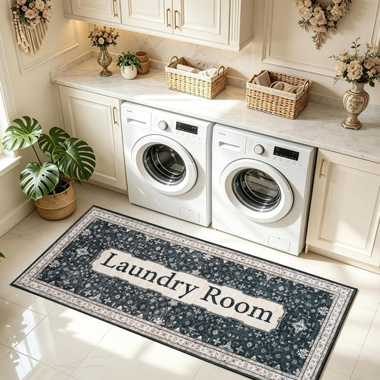 Laundry Room Rug 20"x47" – Black Boho Floor Tribal Runner Rug, Non Slip Washable Faux Wool Laundry Mat for Washer Dryer Area, Soft Vintage Low-Pile Farmhouse Runner for Kitchen, Hallway, Bathroom