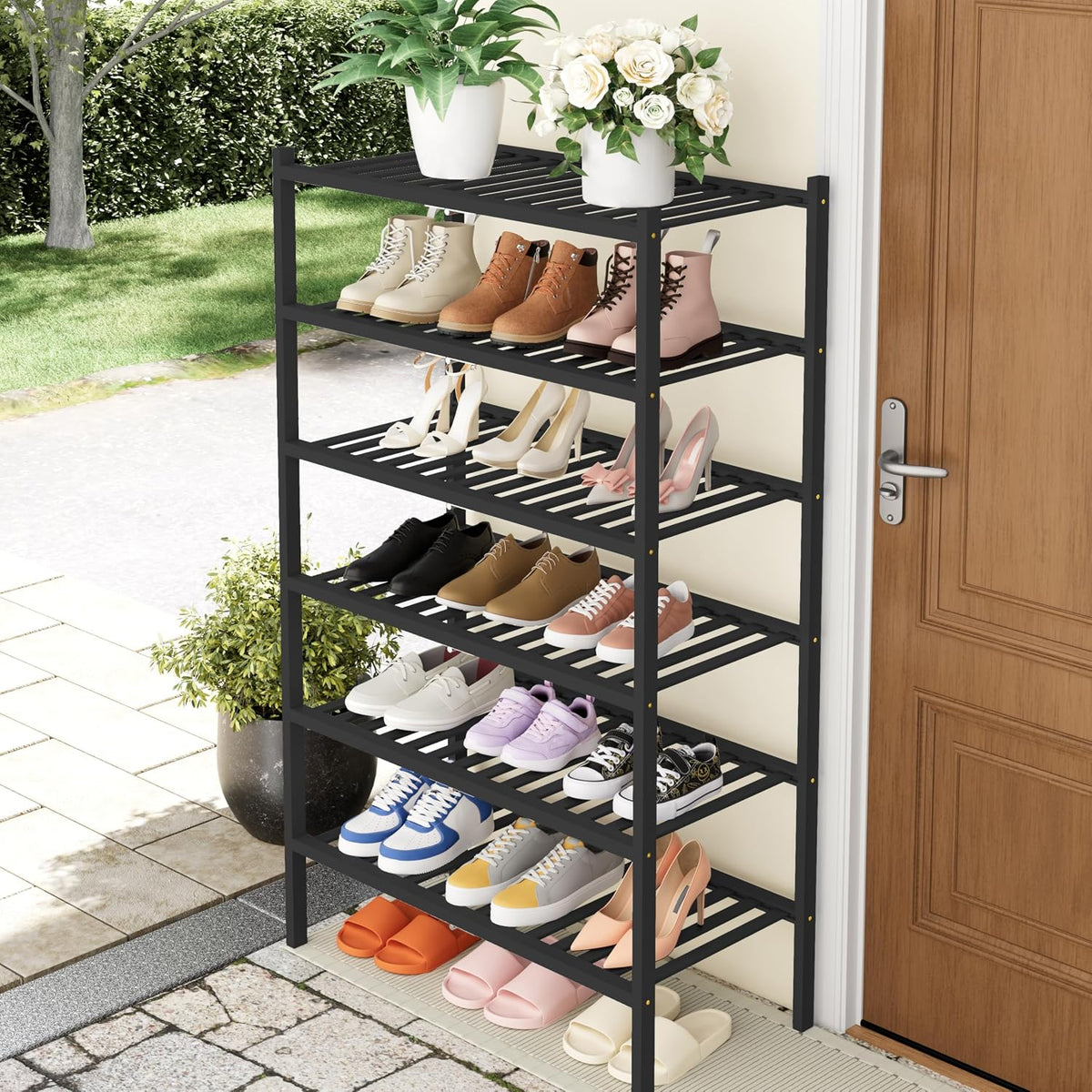 Smiry Bamboo Shoe Rack, 14 Vertical Slats, 6 Tier - 26.8" Wide, Black