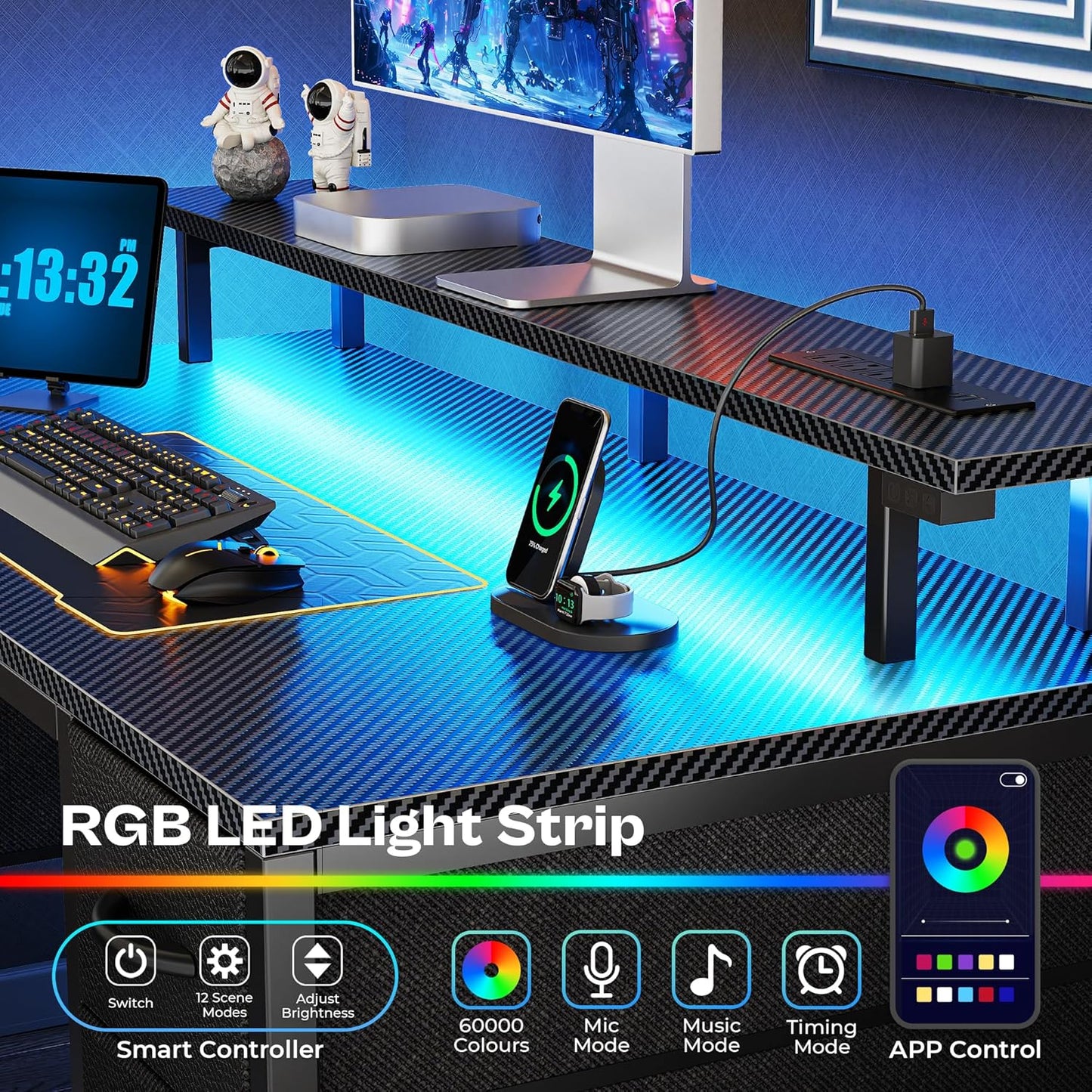 Huuger 47 inch Computer Desk with 4 Drawers, Gaming Desk with LED Lights & Power Outlets, Home Office Desk with Large Storage Space for Bedroom, Work from Home, Carbon Fibre Black
