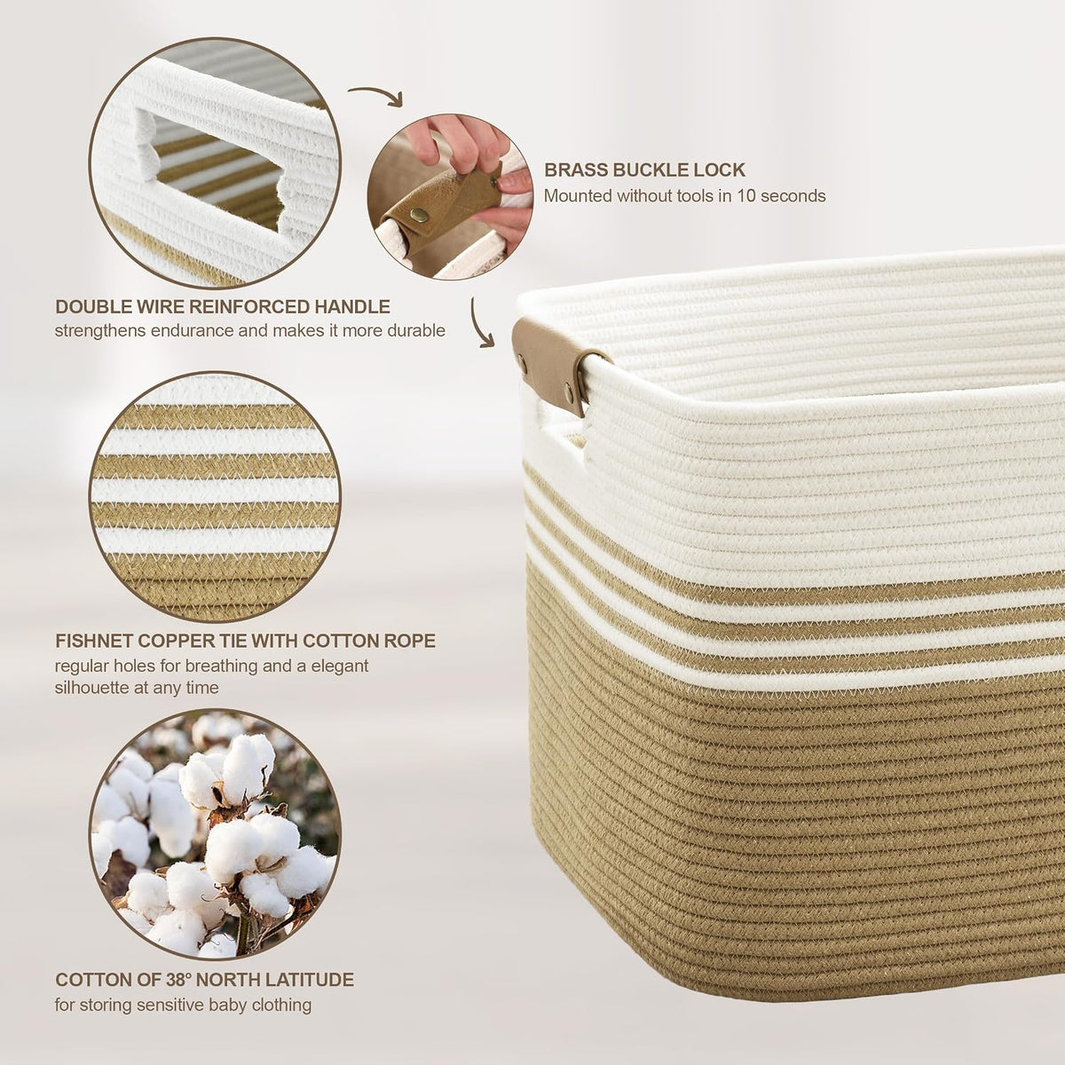 72L Large Woven Laundry Basket Hamper with Leather Handles,Khaki