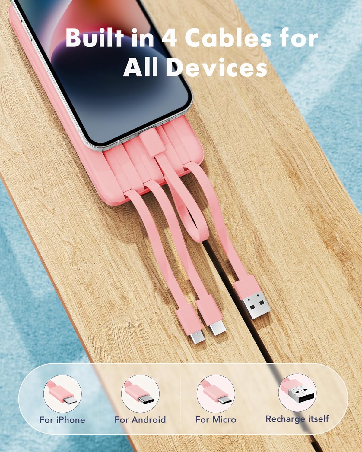 charmast Portable Charger with Reinforced Built-in 4 Cables,10000mAh Power Bank Travel Essentials 6 Outputs 3 Inputs 3A Fast Charging Compatible with iPhone iPad Samsung Google Pixel LG Moto