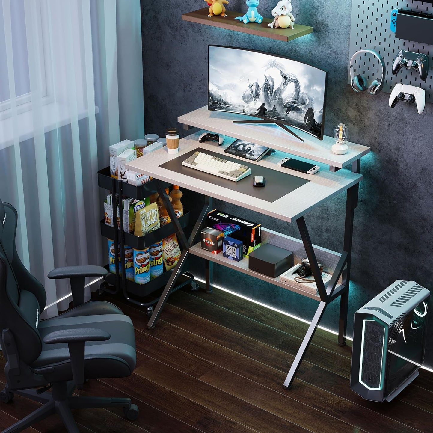 COTUBLR Small Desk, Small Computer Desk for Spaces, 27.5 Inch Computer Desk with Adjustable Monitor Stand, Compact Desk with Storage for Bedroom Home Office, White Tabletop+Black Frame