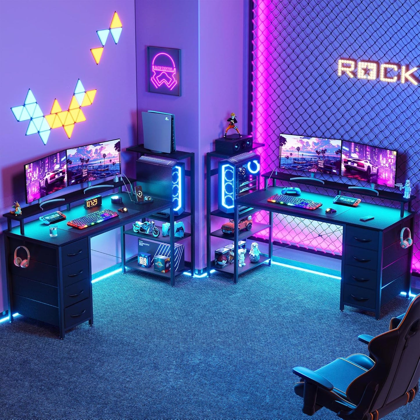 51 Inch Gaming Desk with LED Lights and Power Outlets, Computer Desk with Storage Shelves, Fabric Drawers, Monitor Stand & Side Hook, Reversible Gamer Table for Home Office, Carbon Fiber Black
